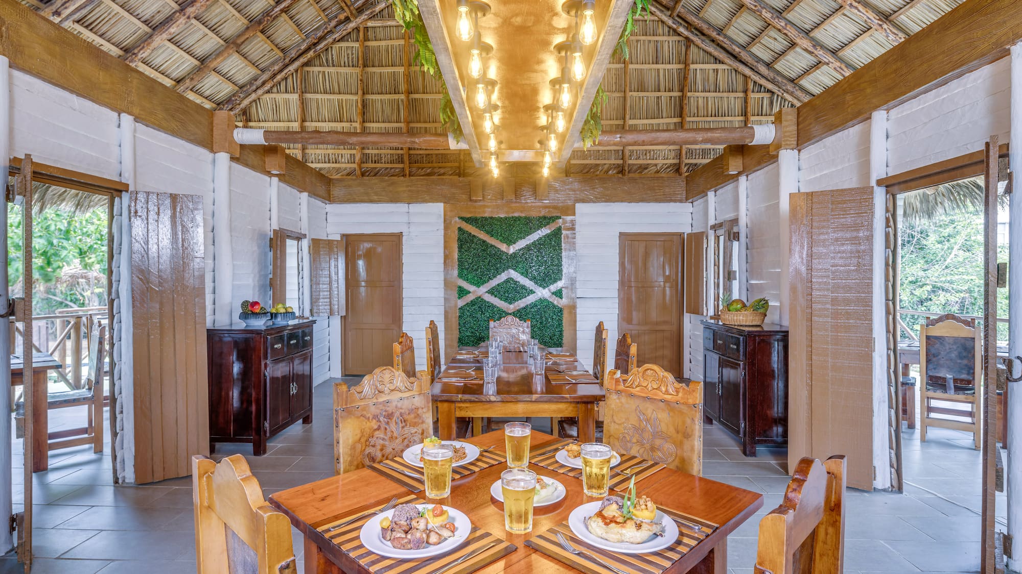 a room with a table and chairs