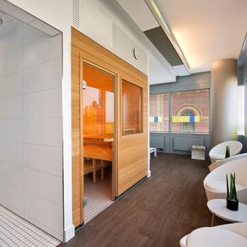 a room with a sauna
