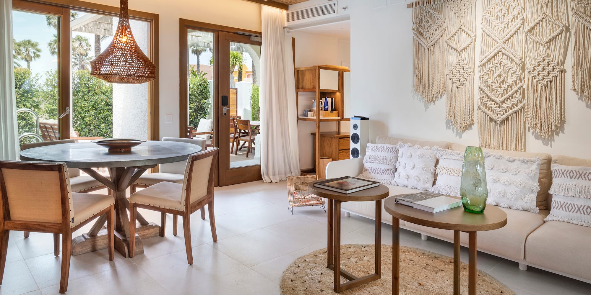 a living room with a couch and table