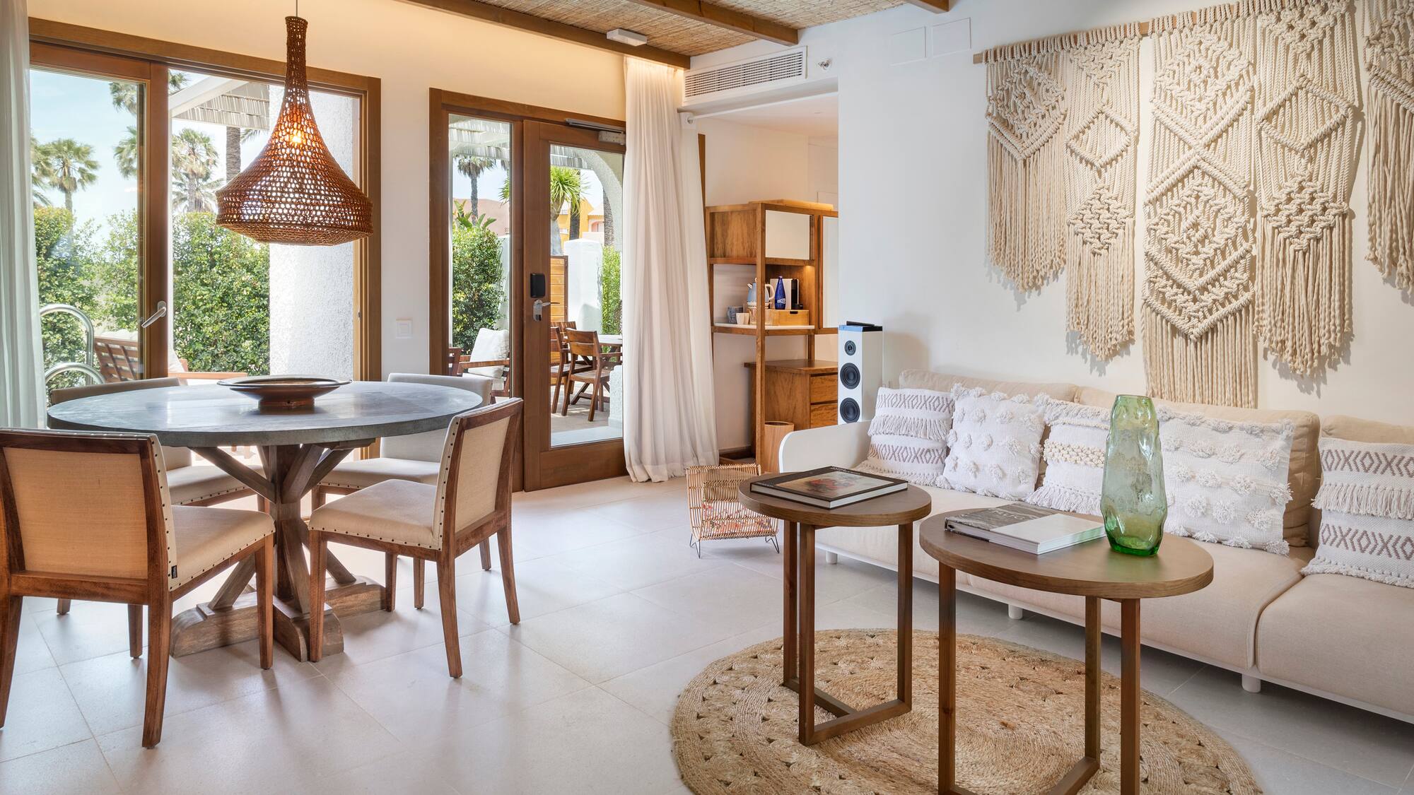 a living room with a couch and table