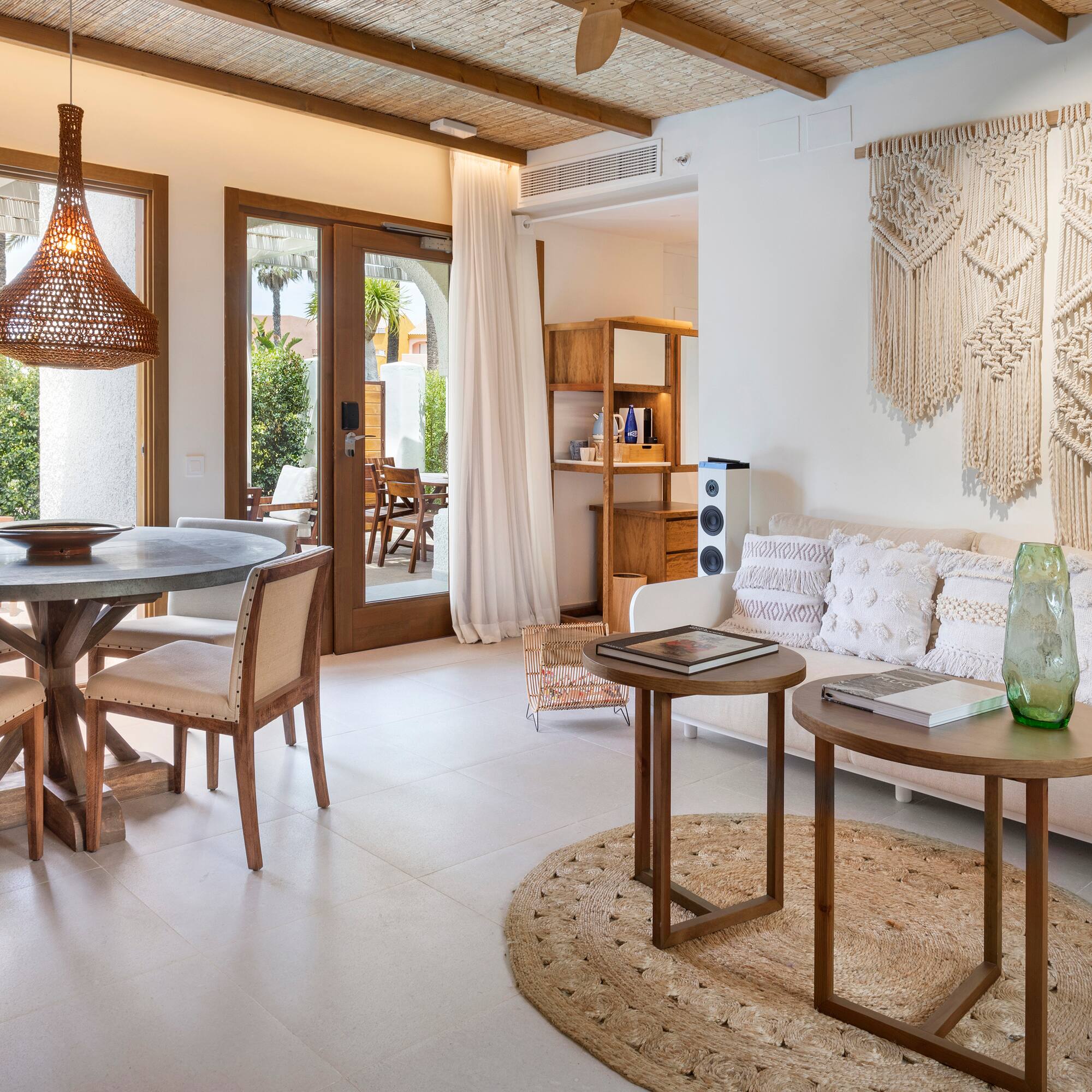 a living room with a couch and table