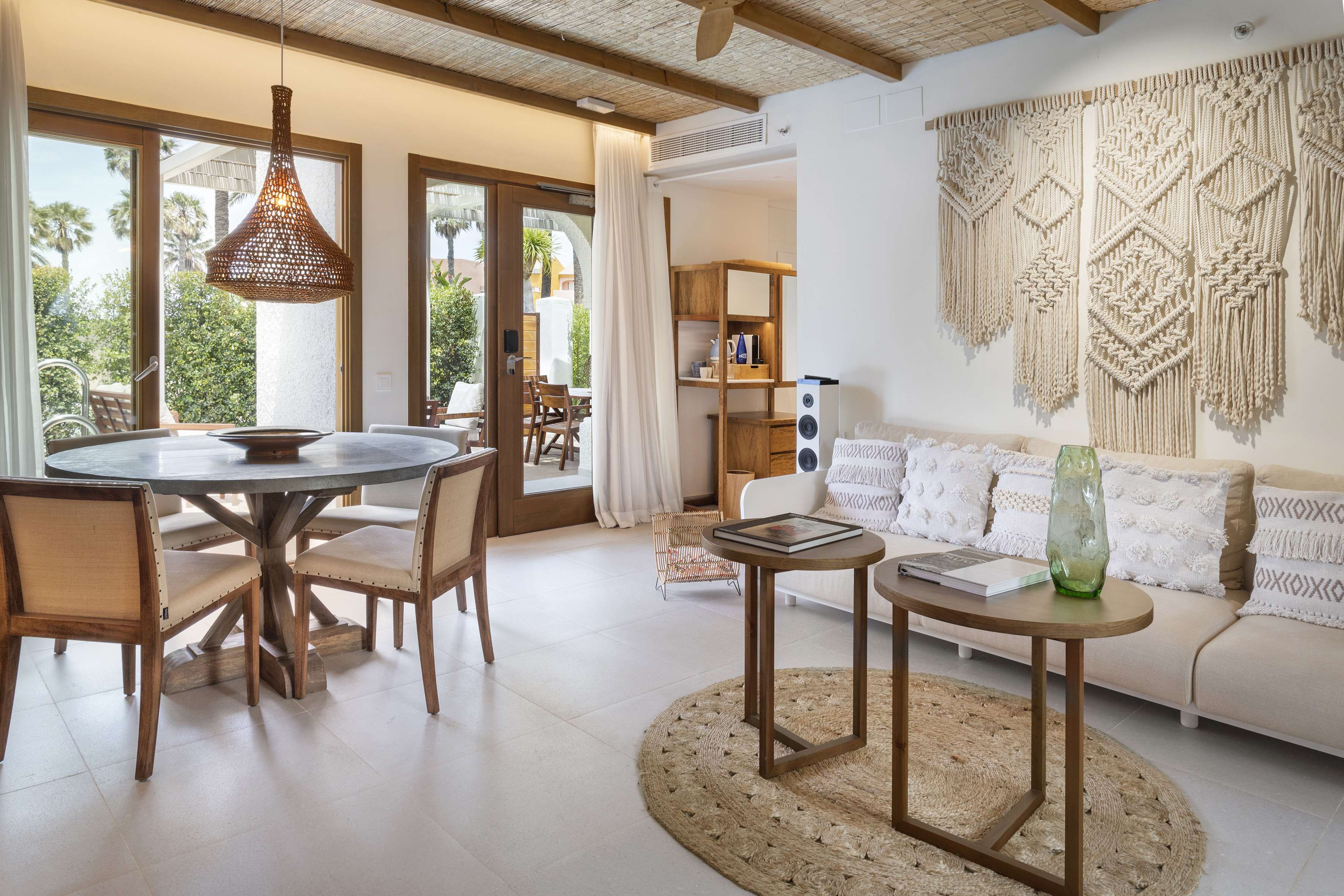 a living room with a couch and table