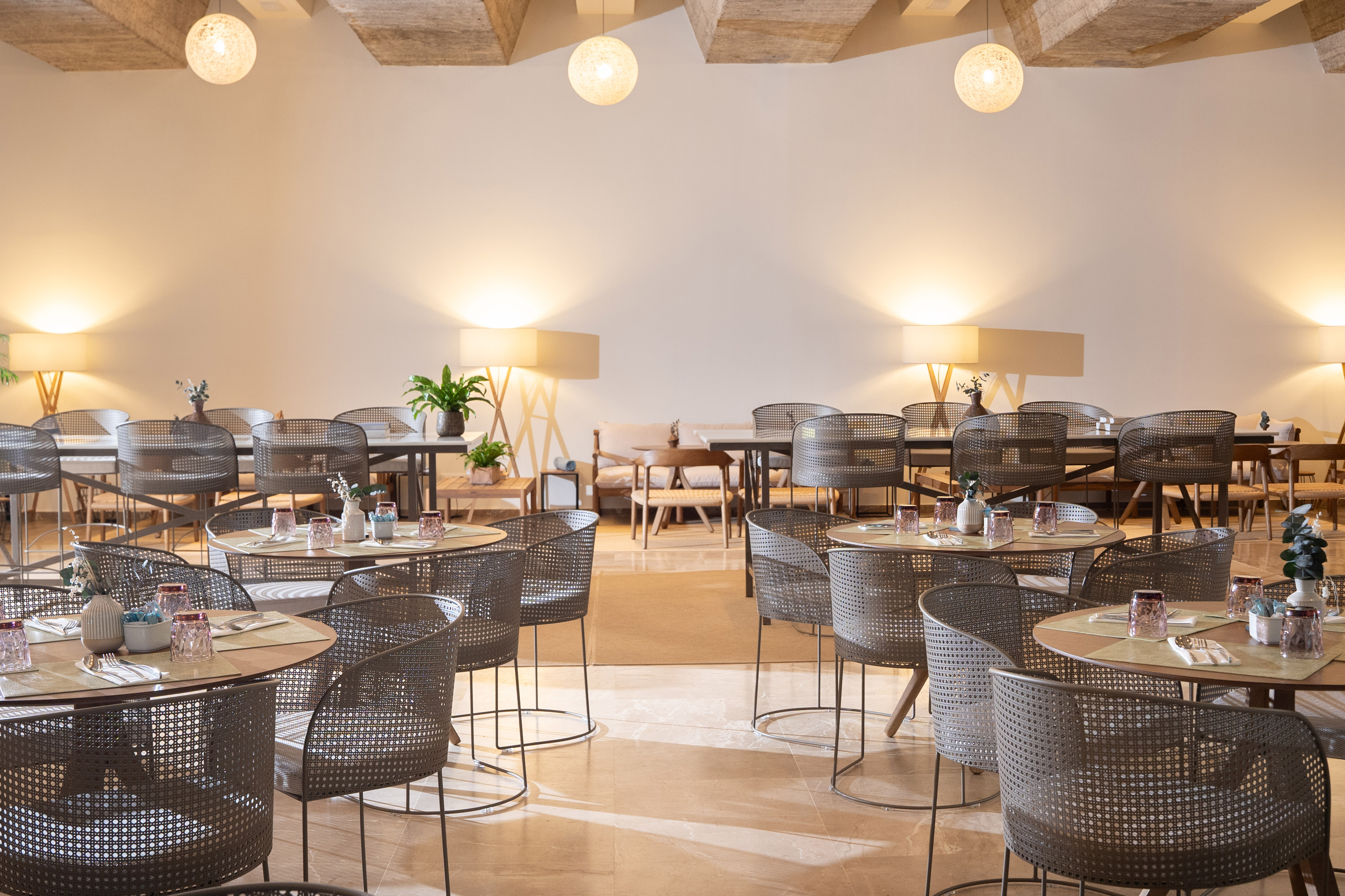 a room with tables and chairs