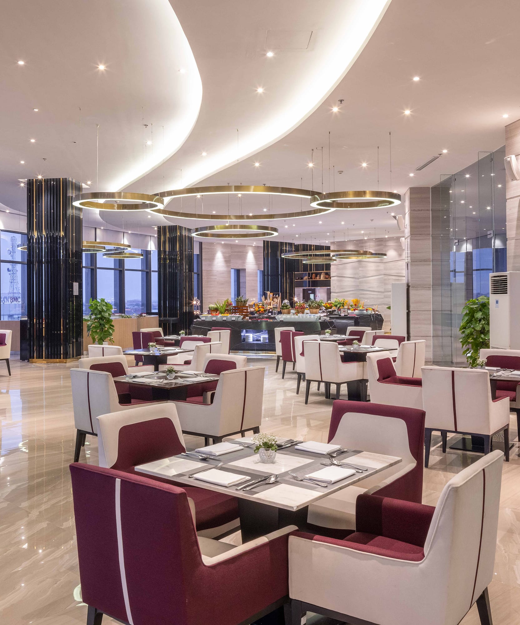 a restaurant with tables and chairs