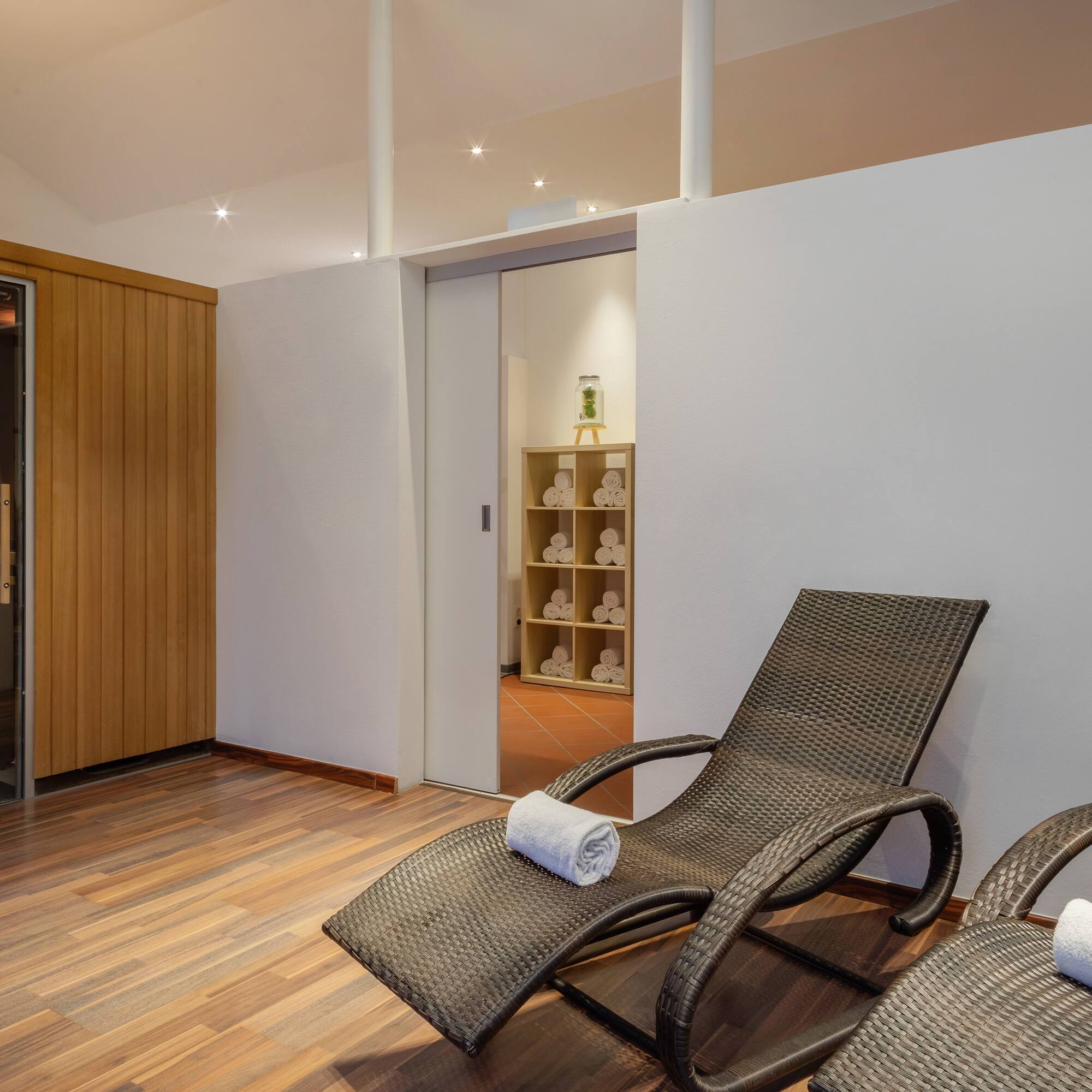 a lounge chairs in a room