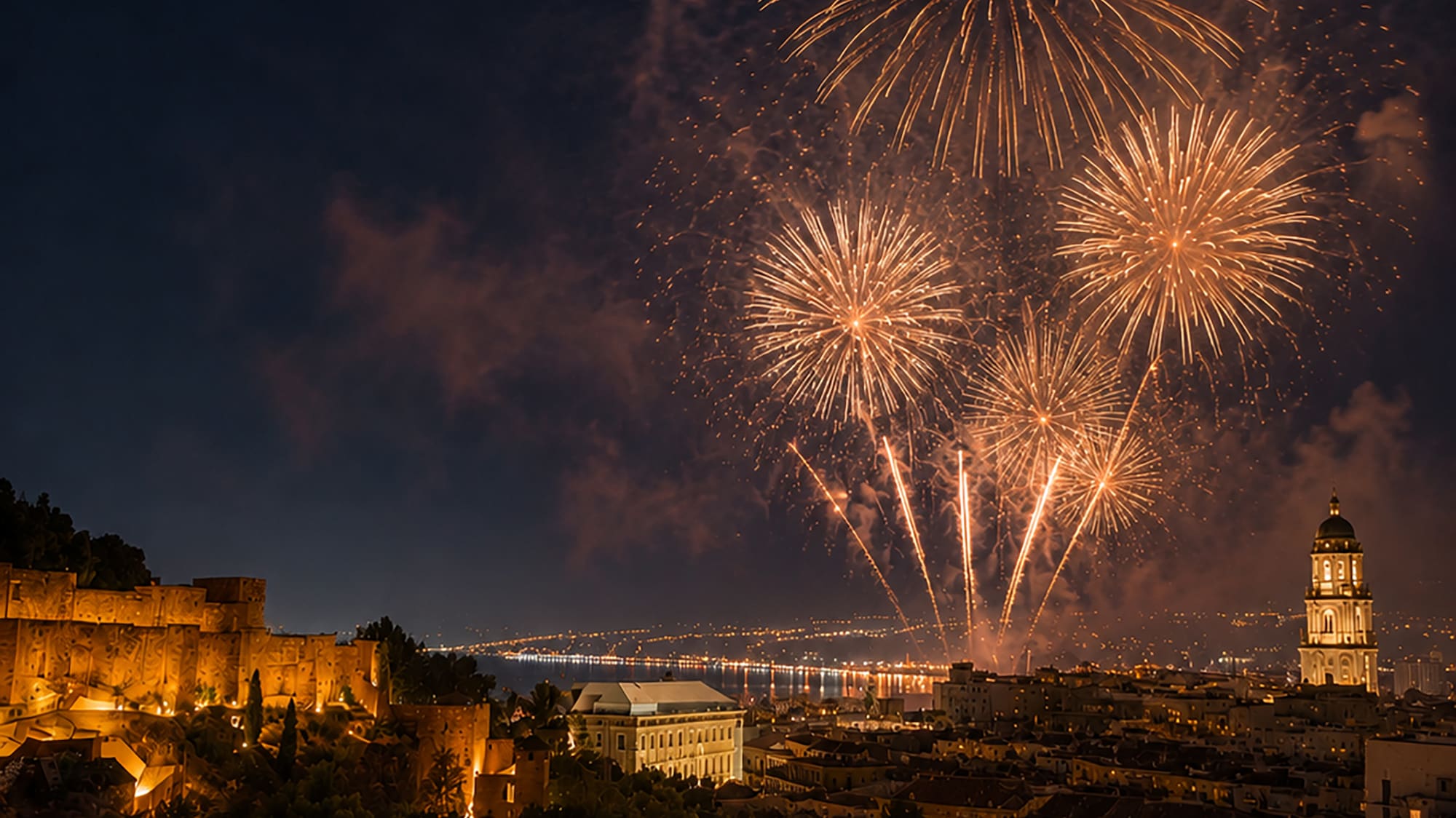 Night fireworks over illuminated historic city and castle, coastal lights visible.