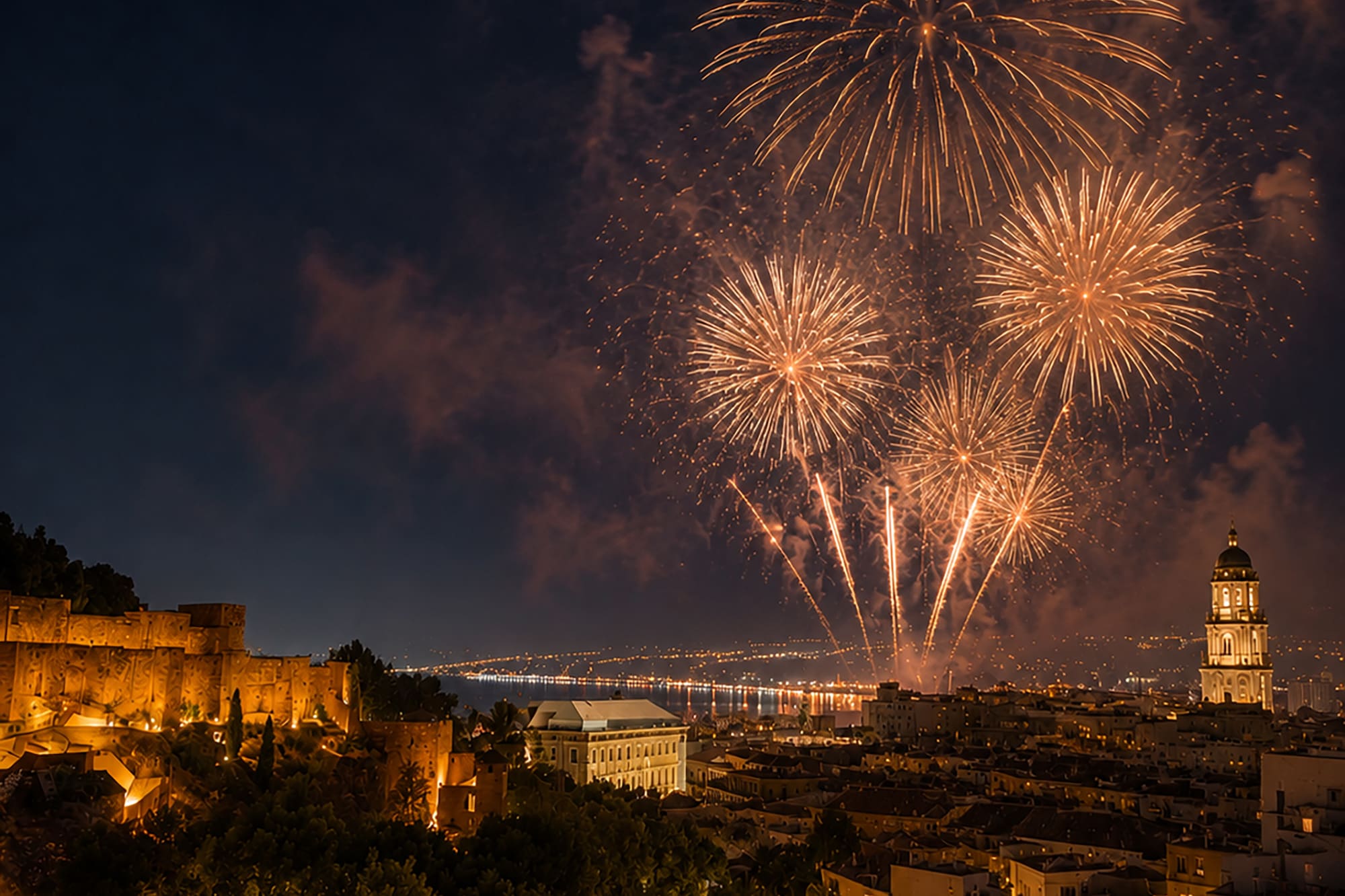 Night fireworks over illuminated historic city and castle, coastal lights visible.