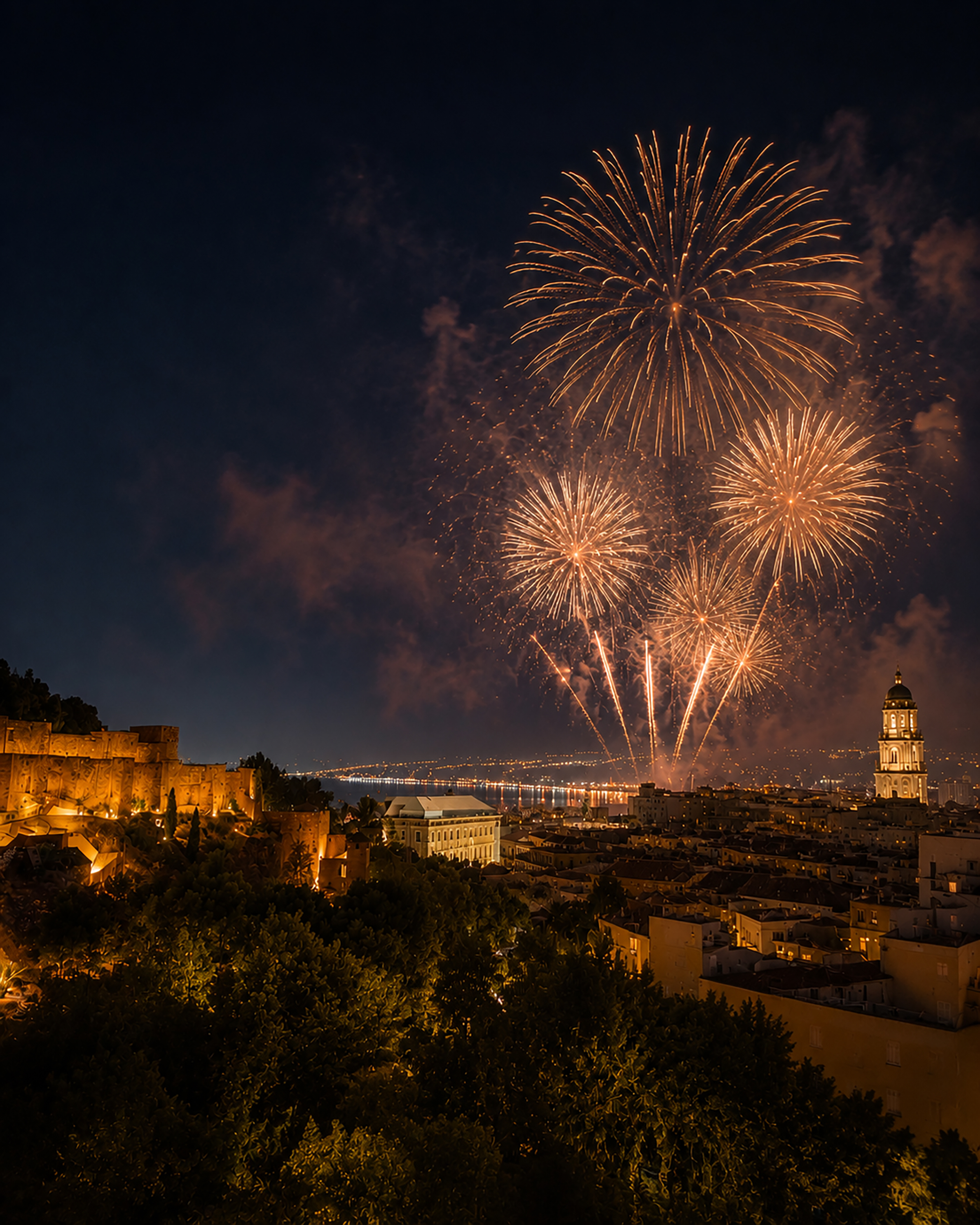 Night fireworks over illuminated historic city and castle, coastal lights visible.