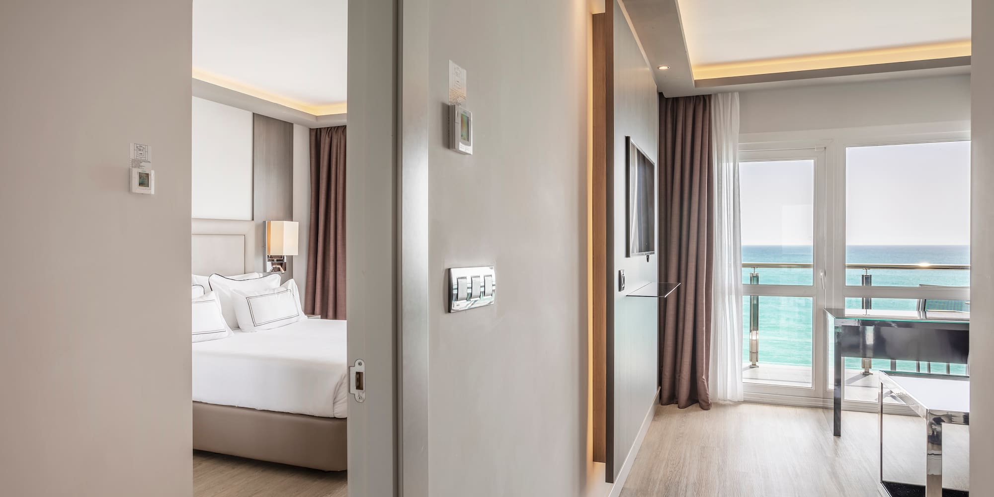 a room with a bed and a door