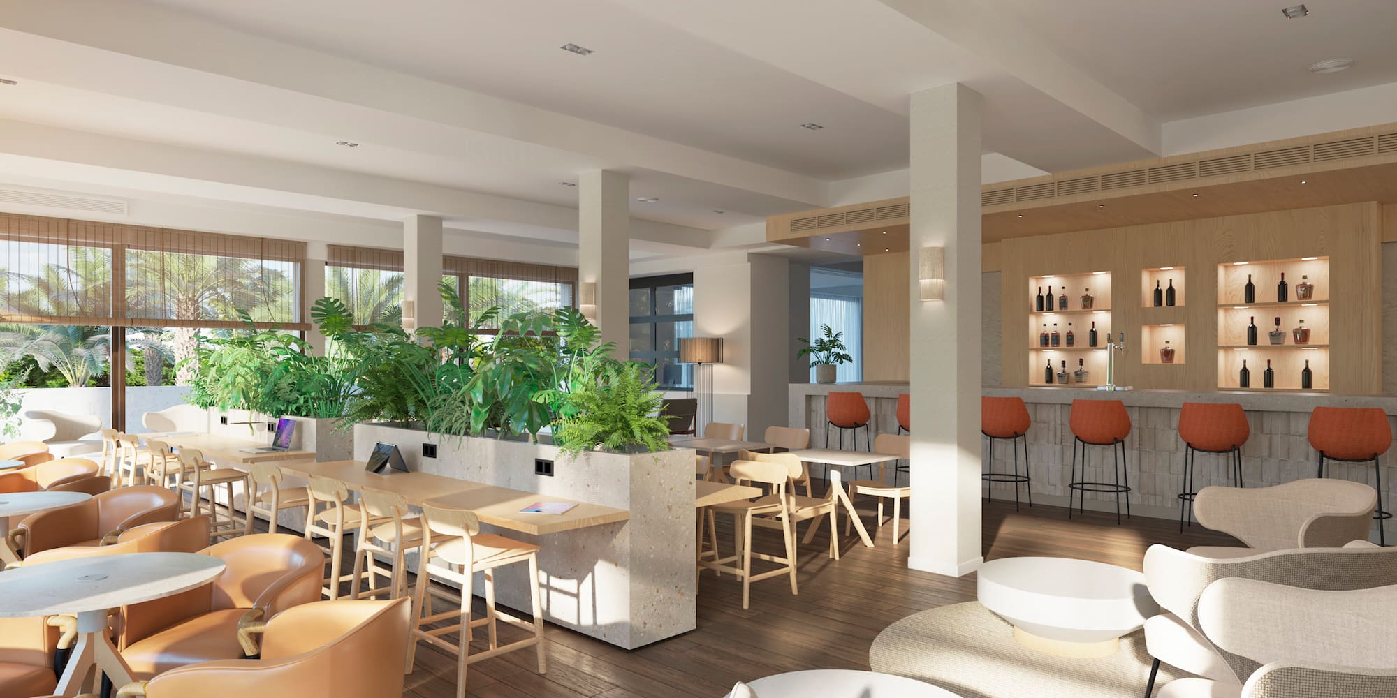 a room with tables and chairs