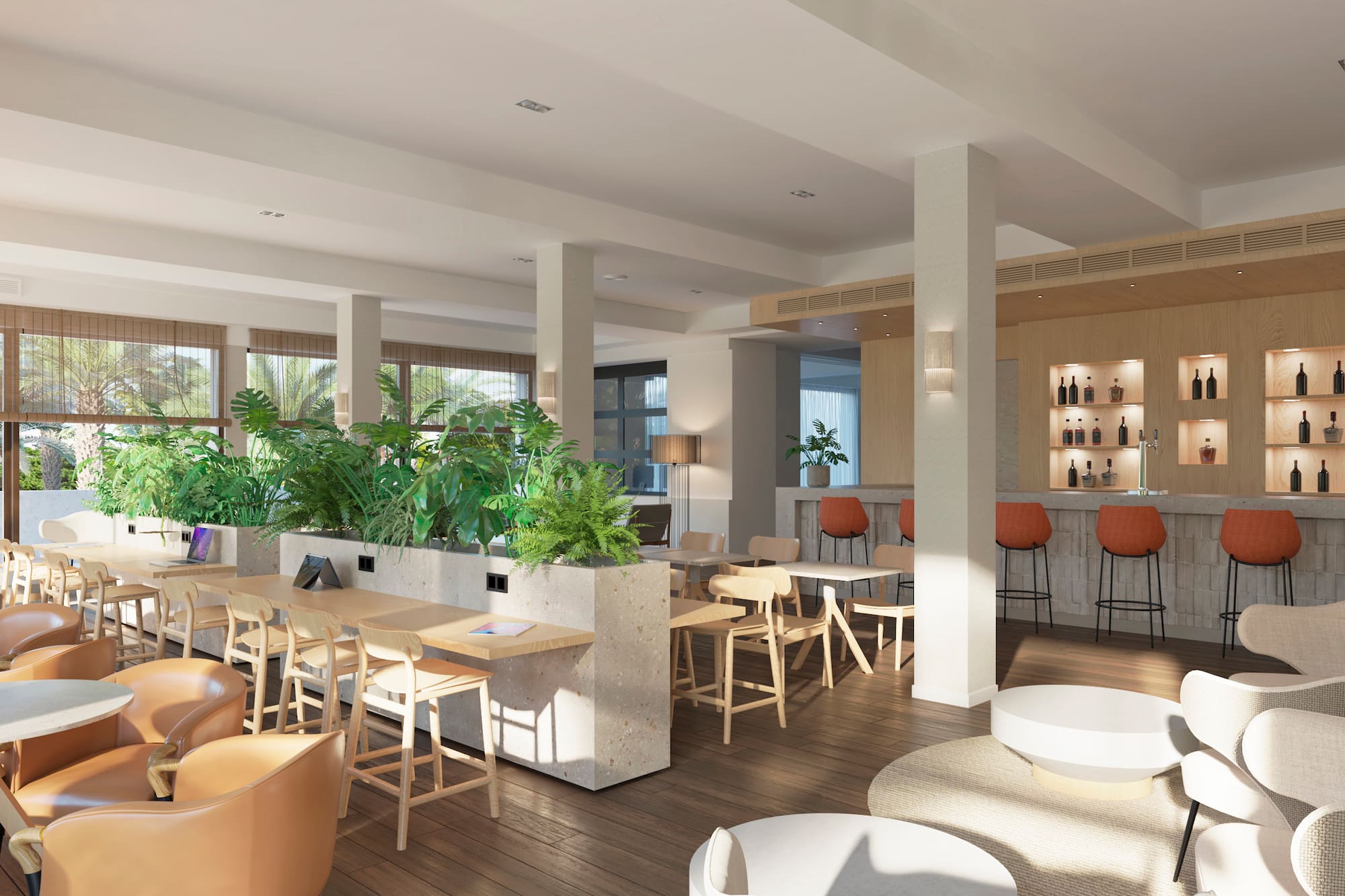 Modern lounge bar with diverse seating, lush plants, and bright windows.