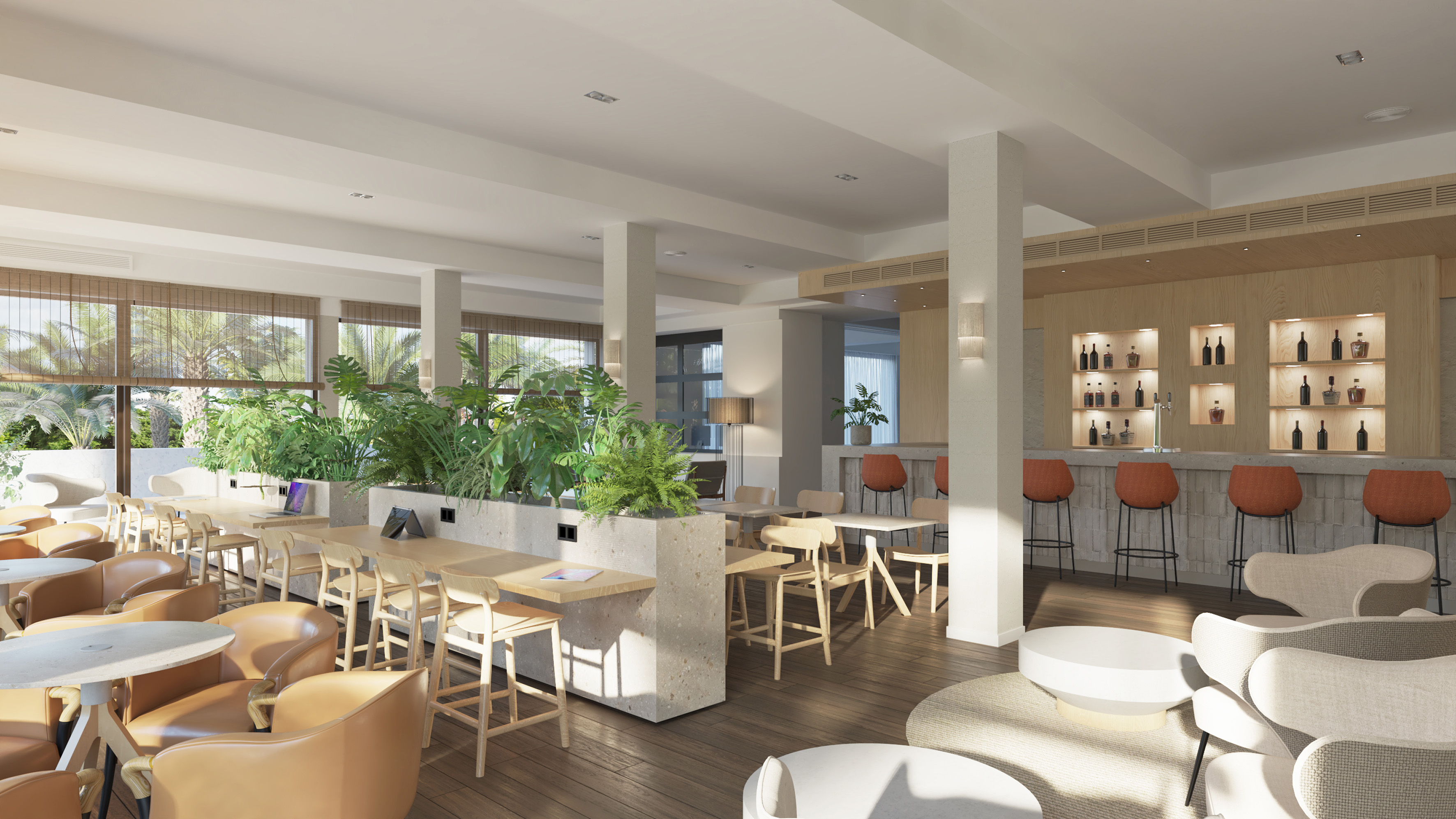 Modern lounge bar with diverse seating, lush plants, and bright windows.