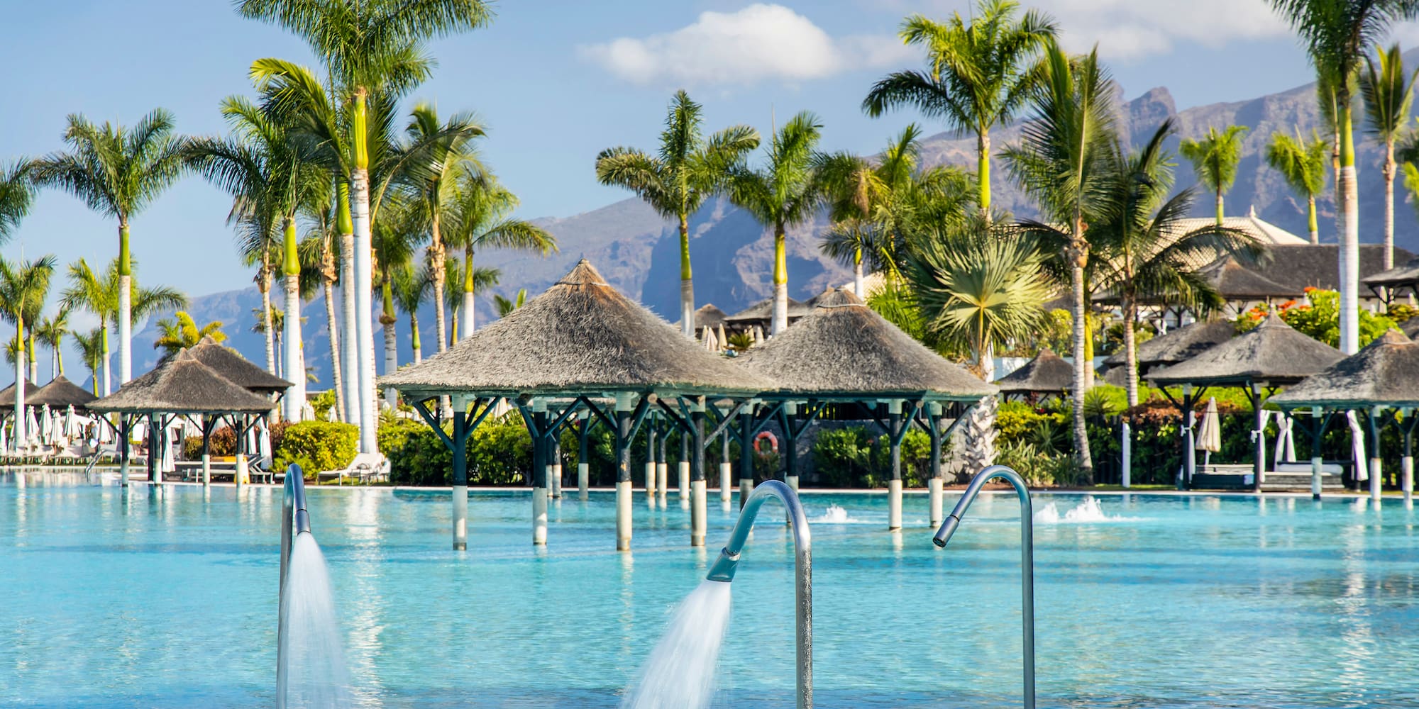 a pool with water jets and trees
