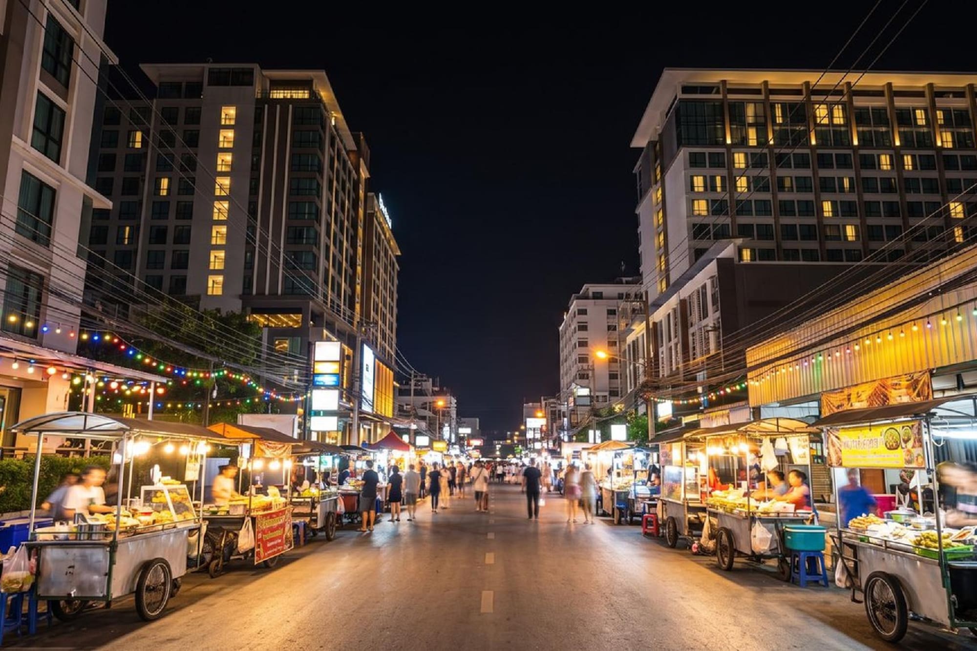 Thai street food night market, vibrant with people and city lights.