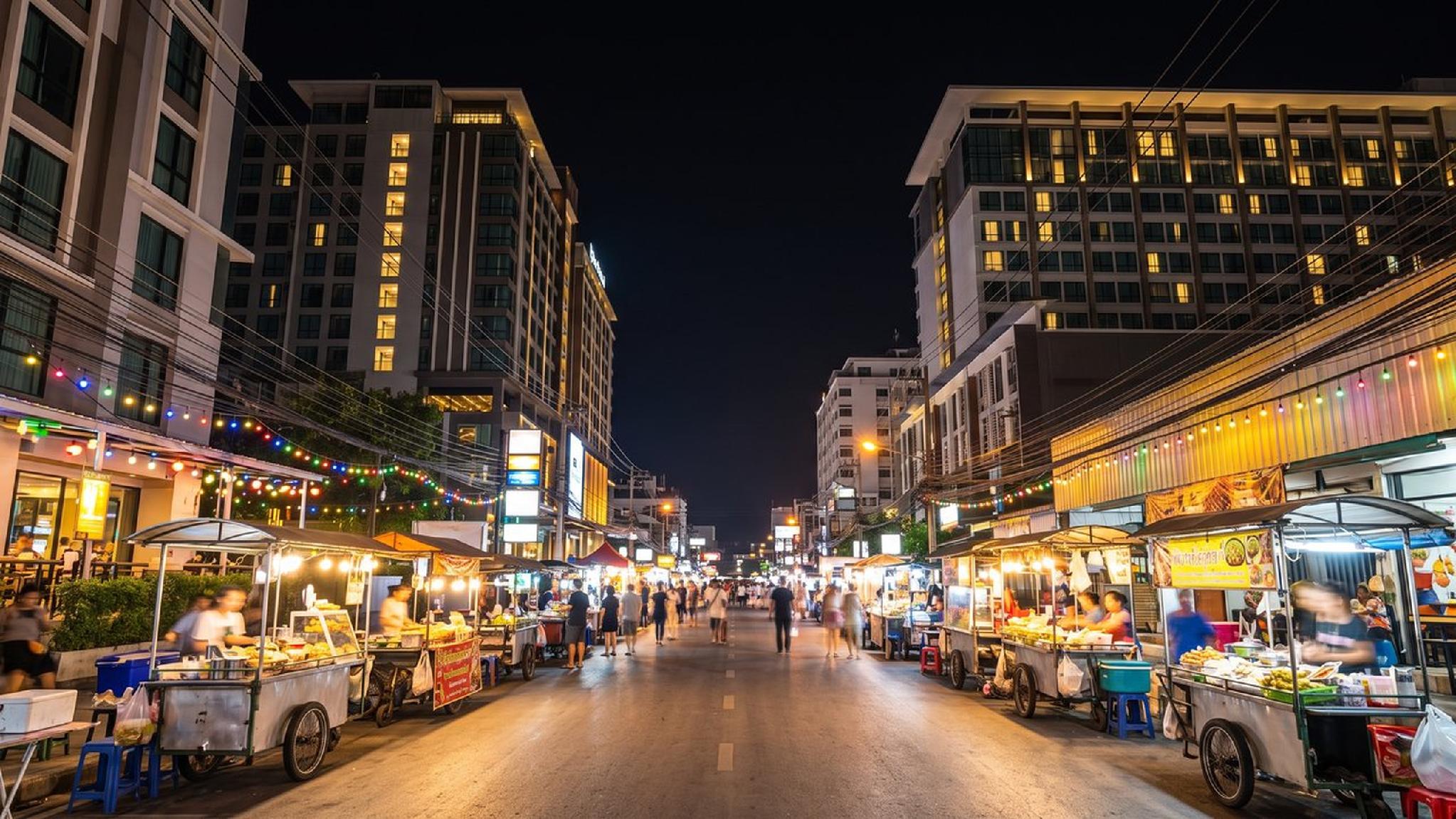 Thai street food night market, vibrant with people and city lights.