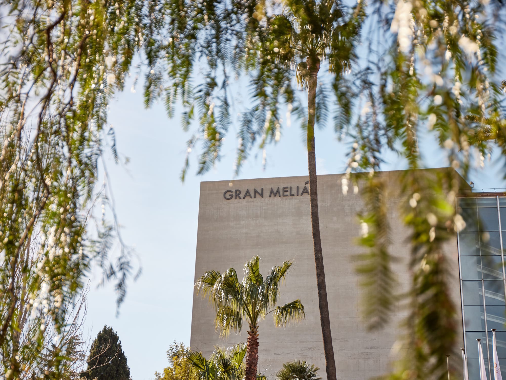 a building with palm trees and a blue sky