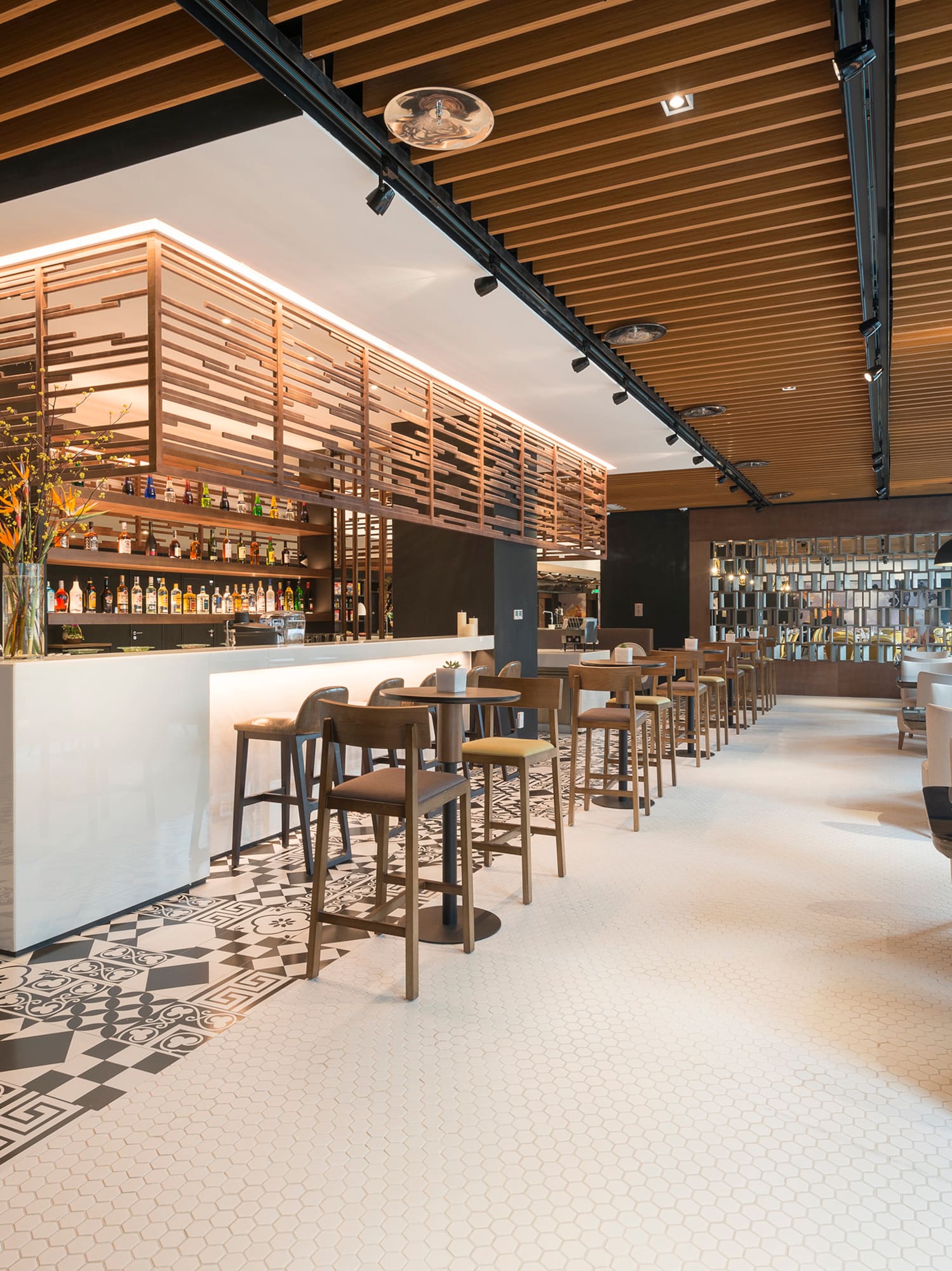 a room with a bar and chairs