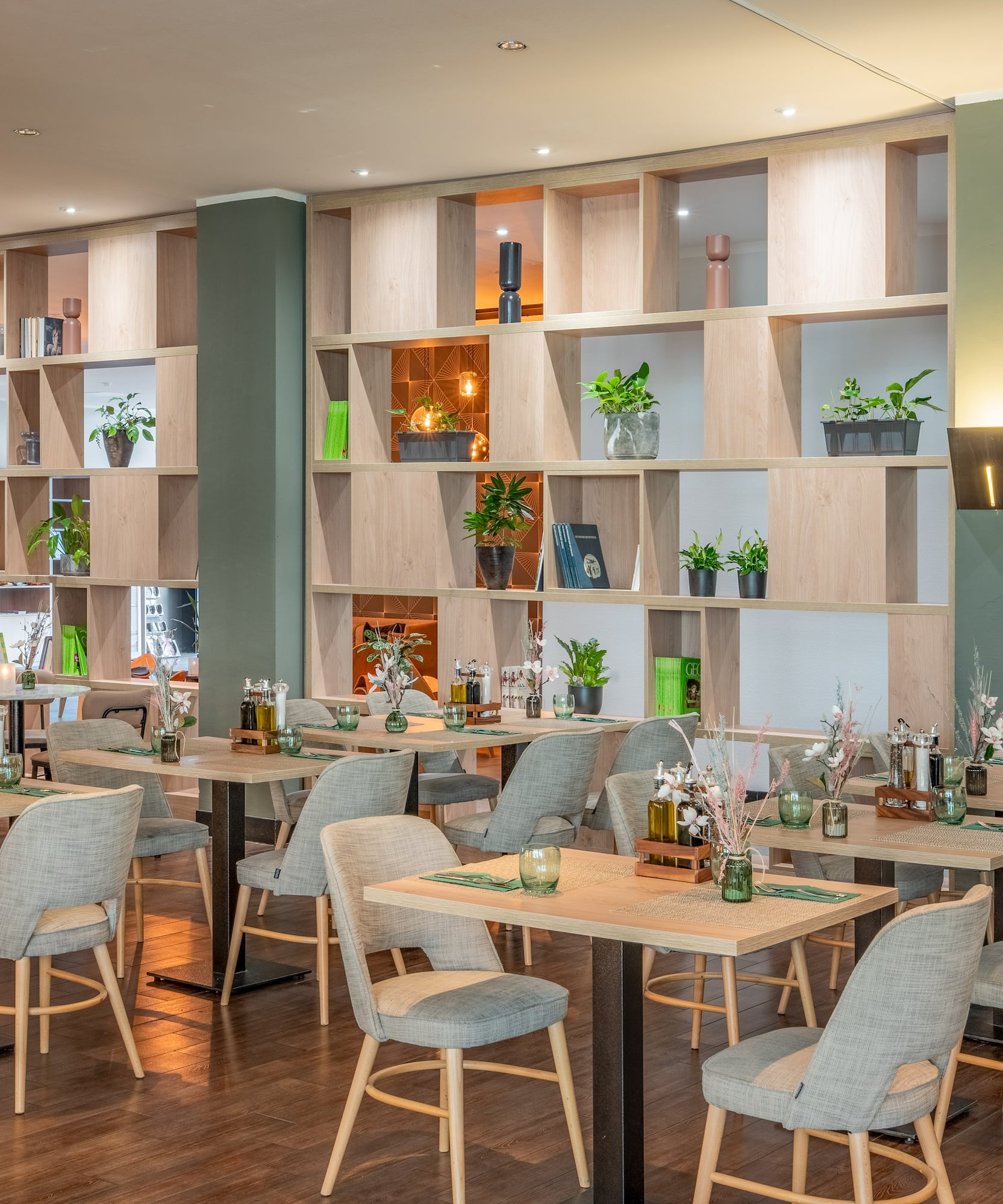 a room with tables and chairs