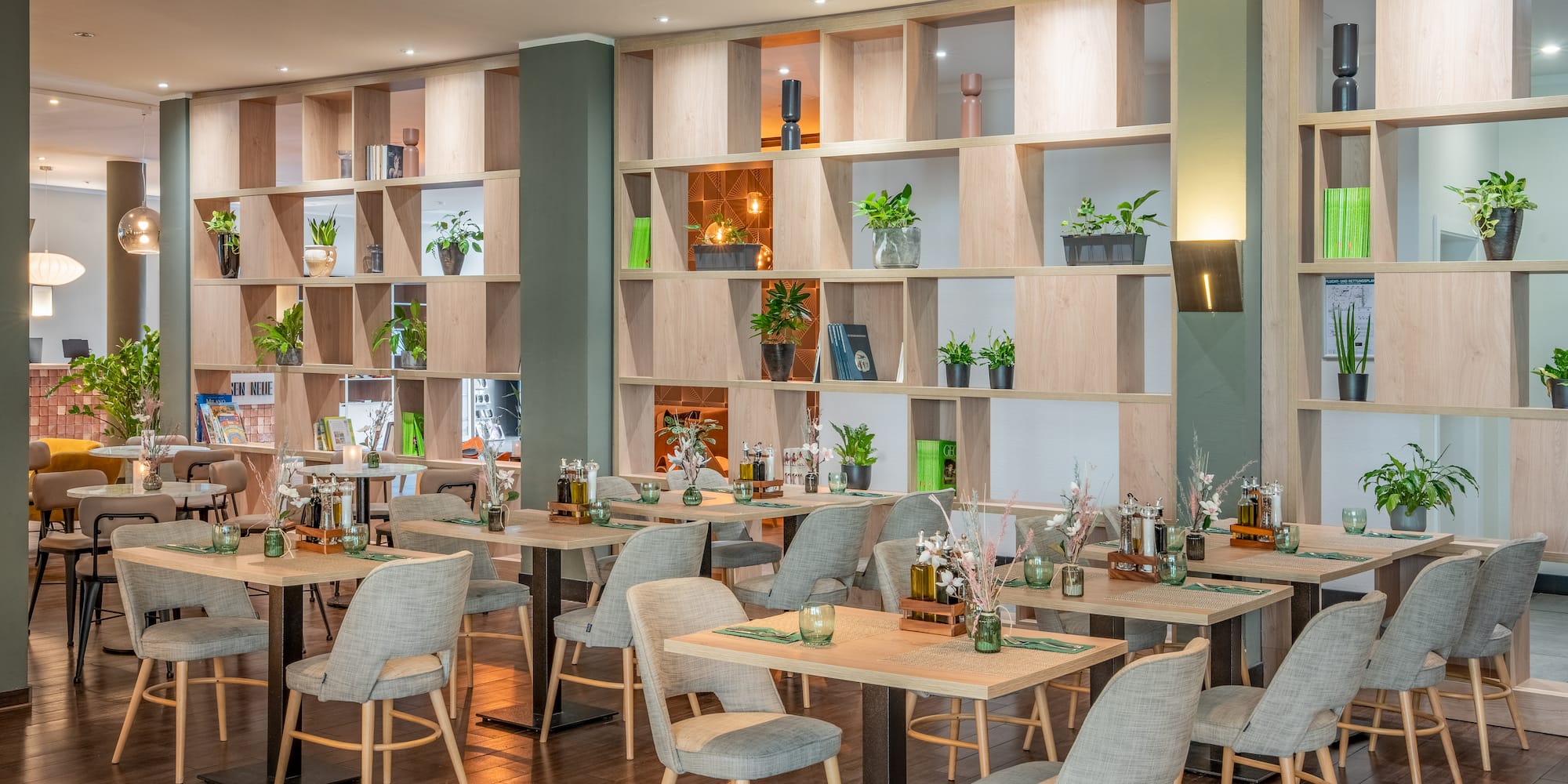 a room with tables and chairs