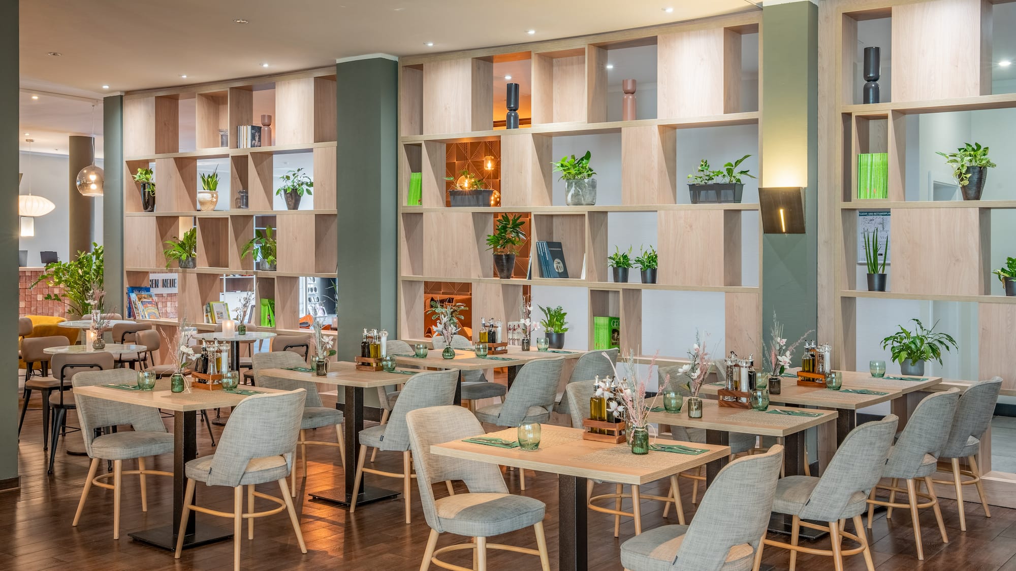 a room with tables and chairs