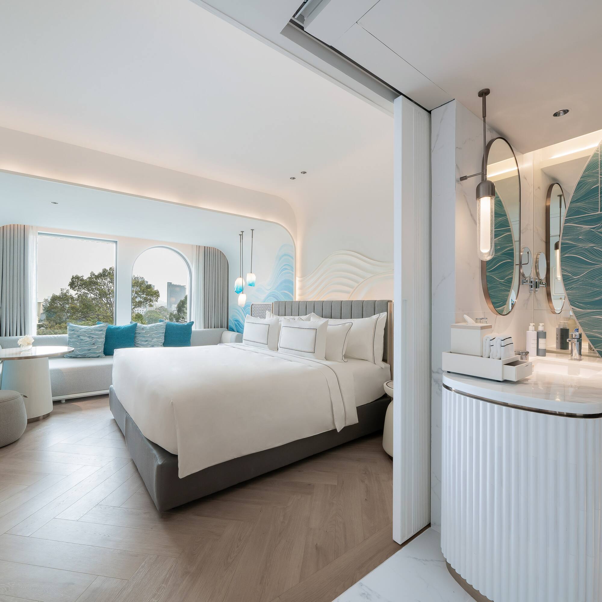 a room with a bed and a sink