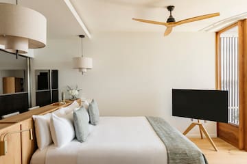 a room with a tv and a bed