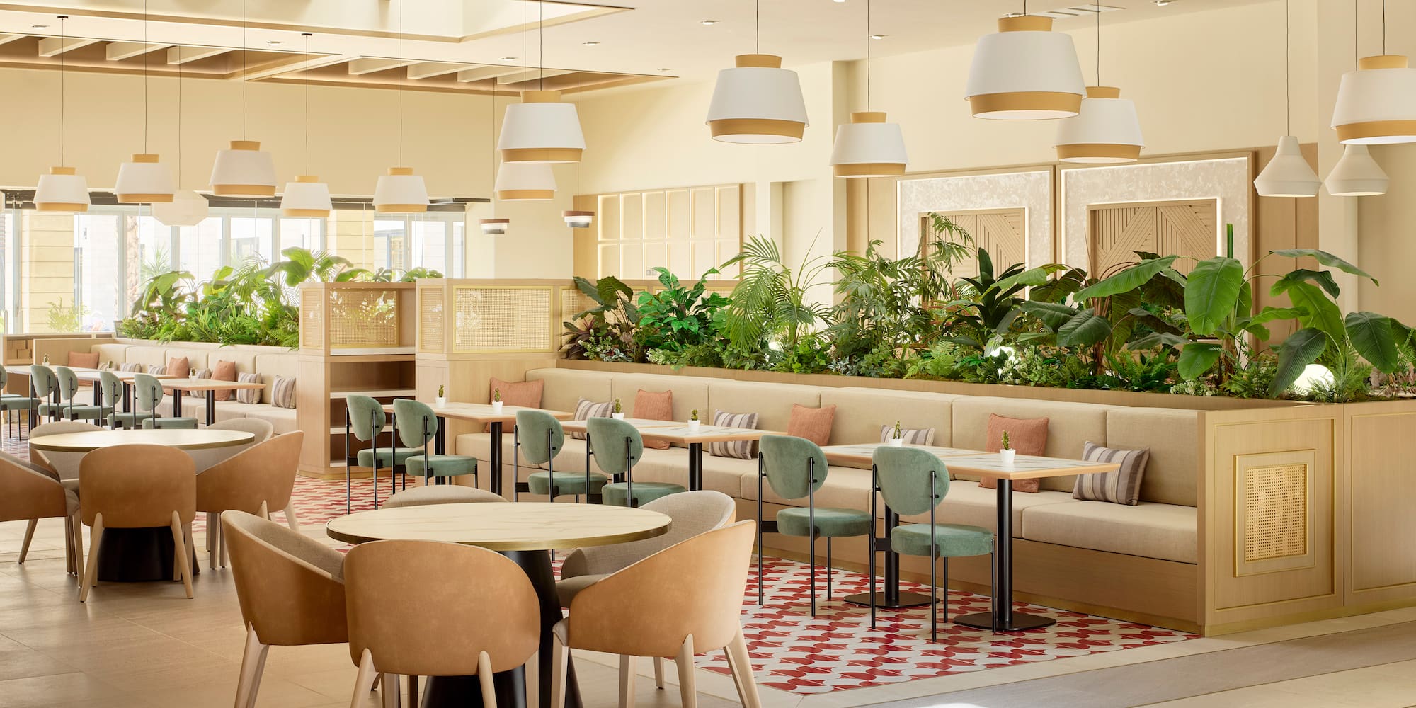 a room with tables and chairs