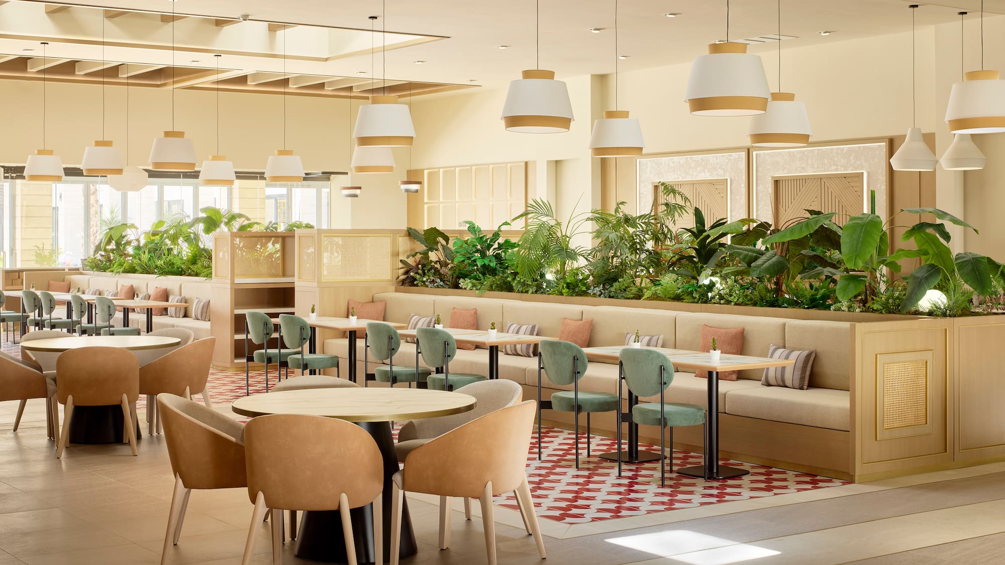 a room with tables and chairs