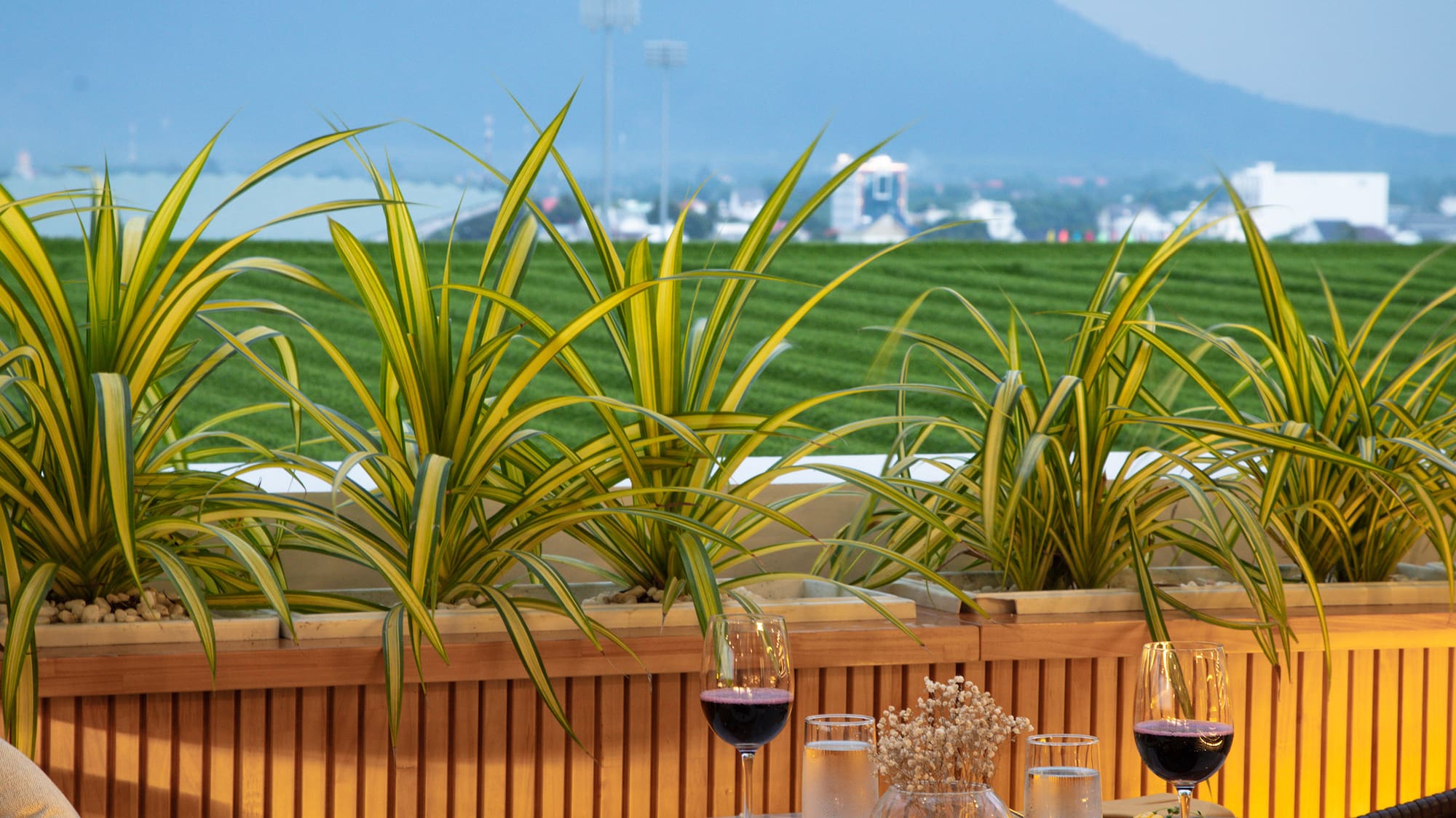 a table with food on it and a view of a mountain in the background