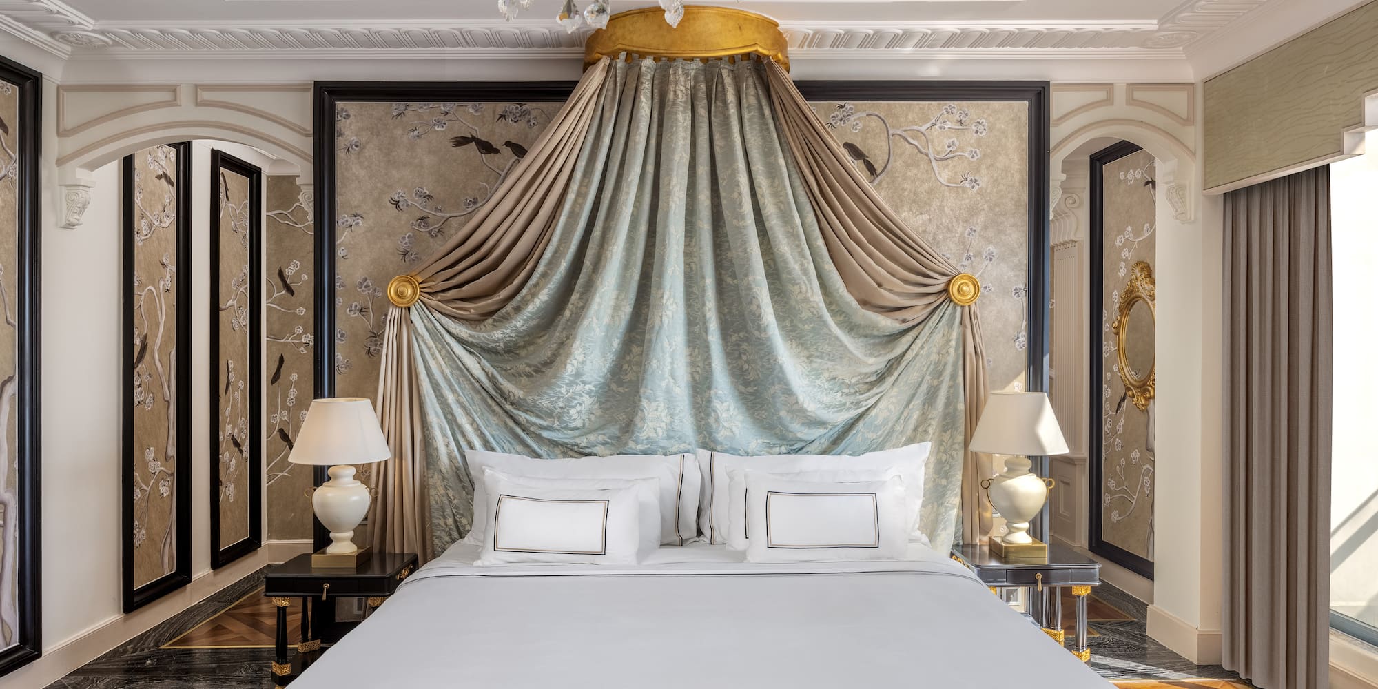 a bed with a canopy over it