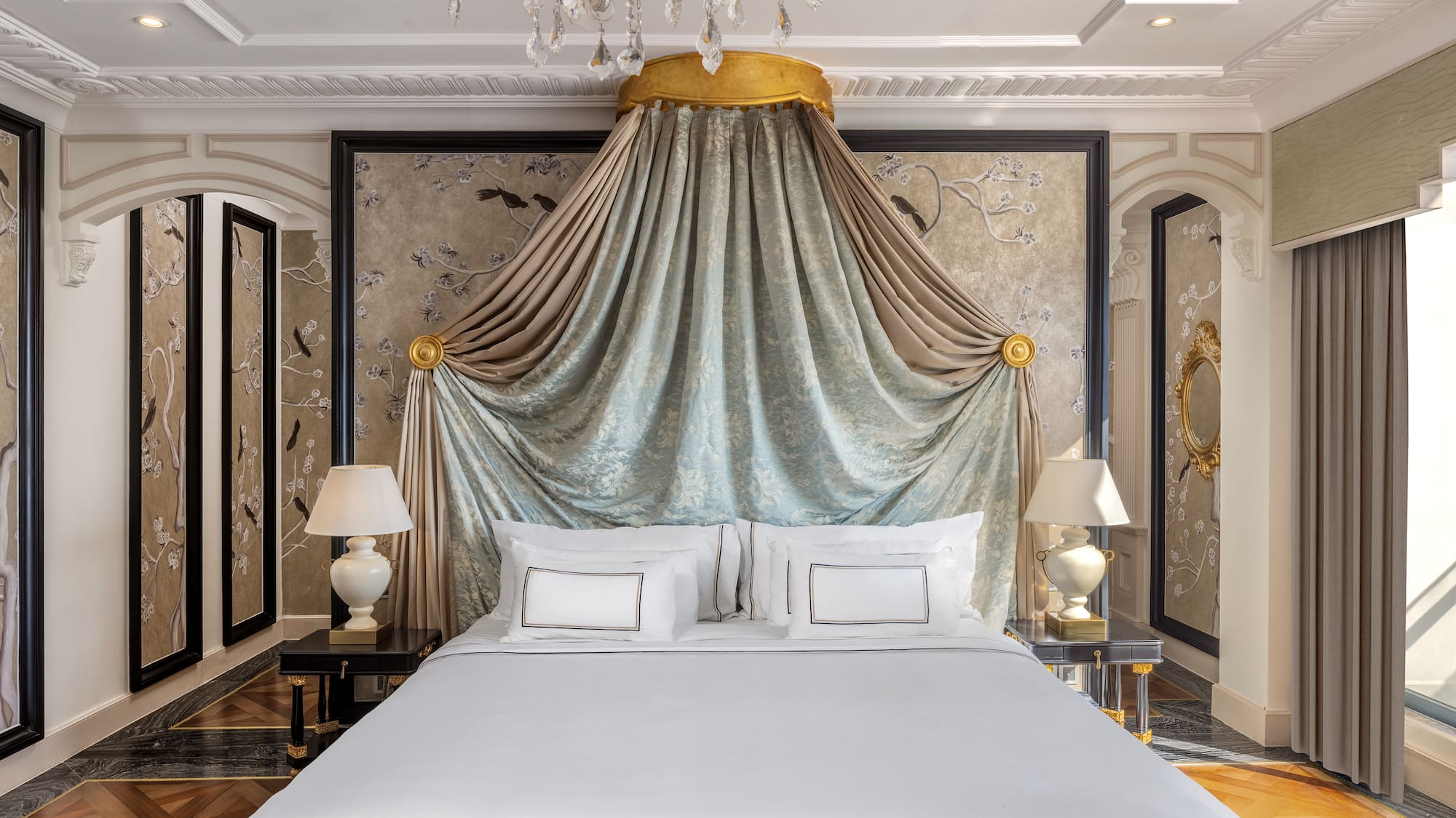 a bed with a canopy over it