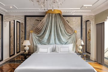 a bed with a canopy over it