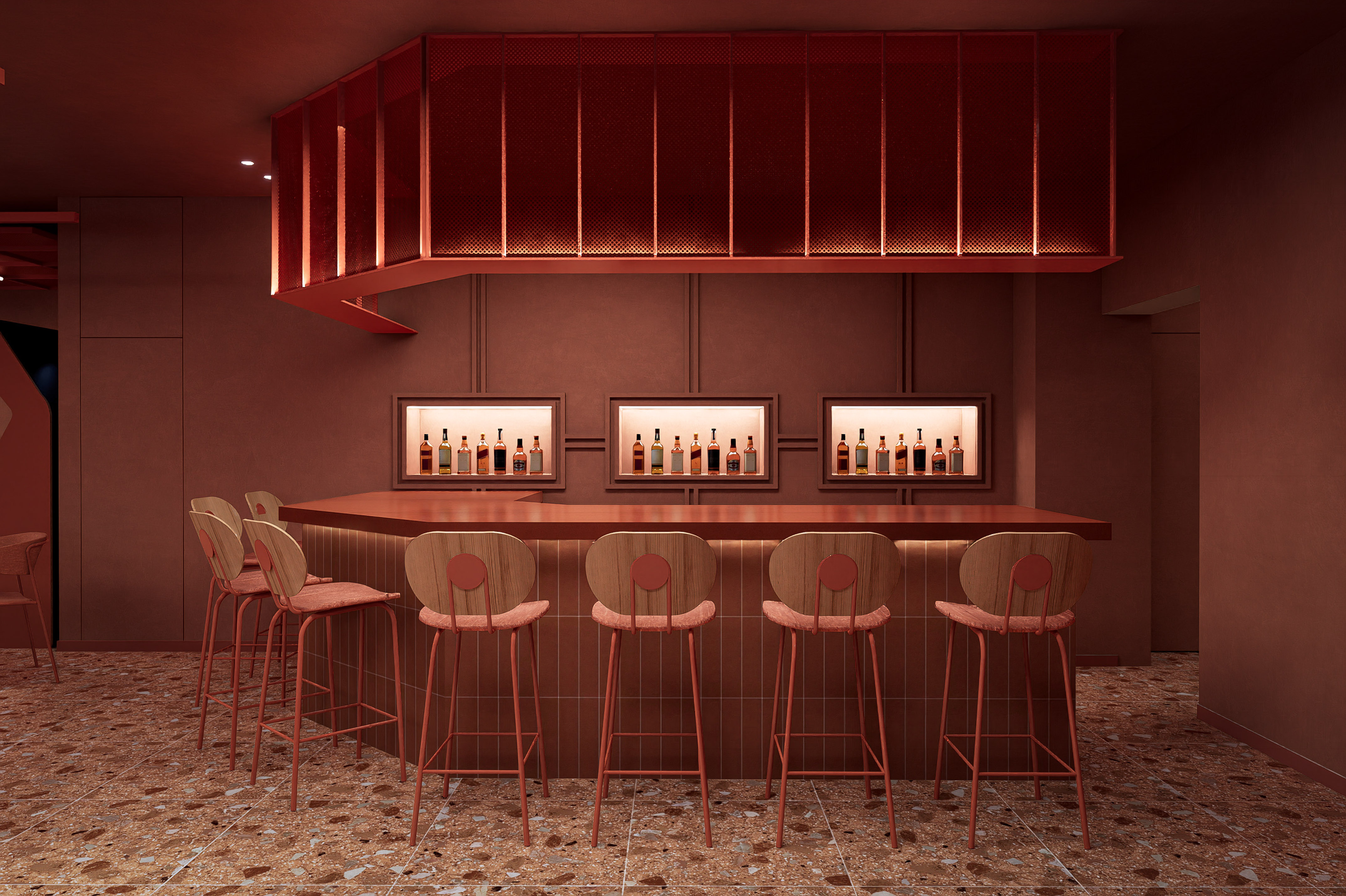 a bar with chairs and bottles in it