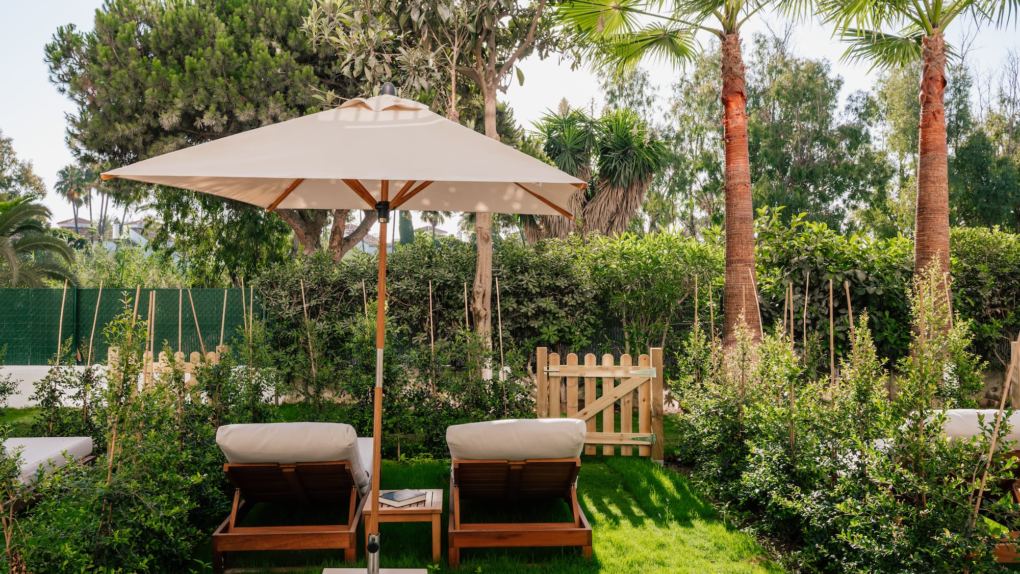 a lawn chairs and umbrella in a backyard