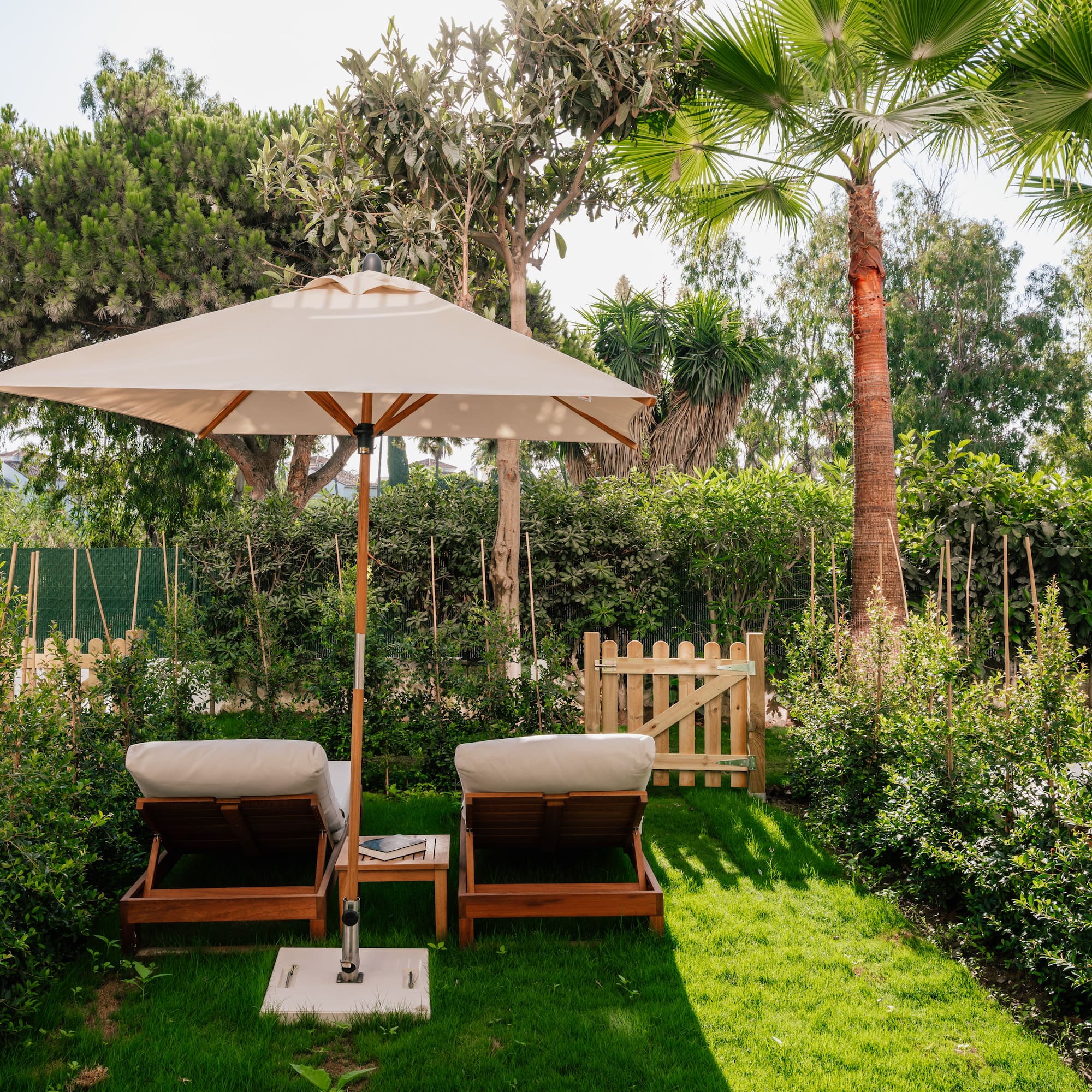 a lawn chairs and umbrella in a backyard