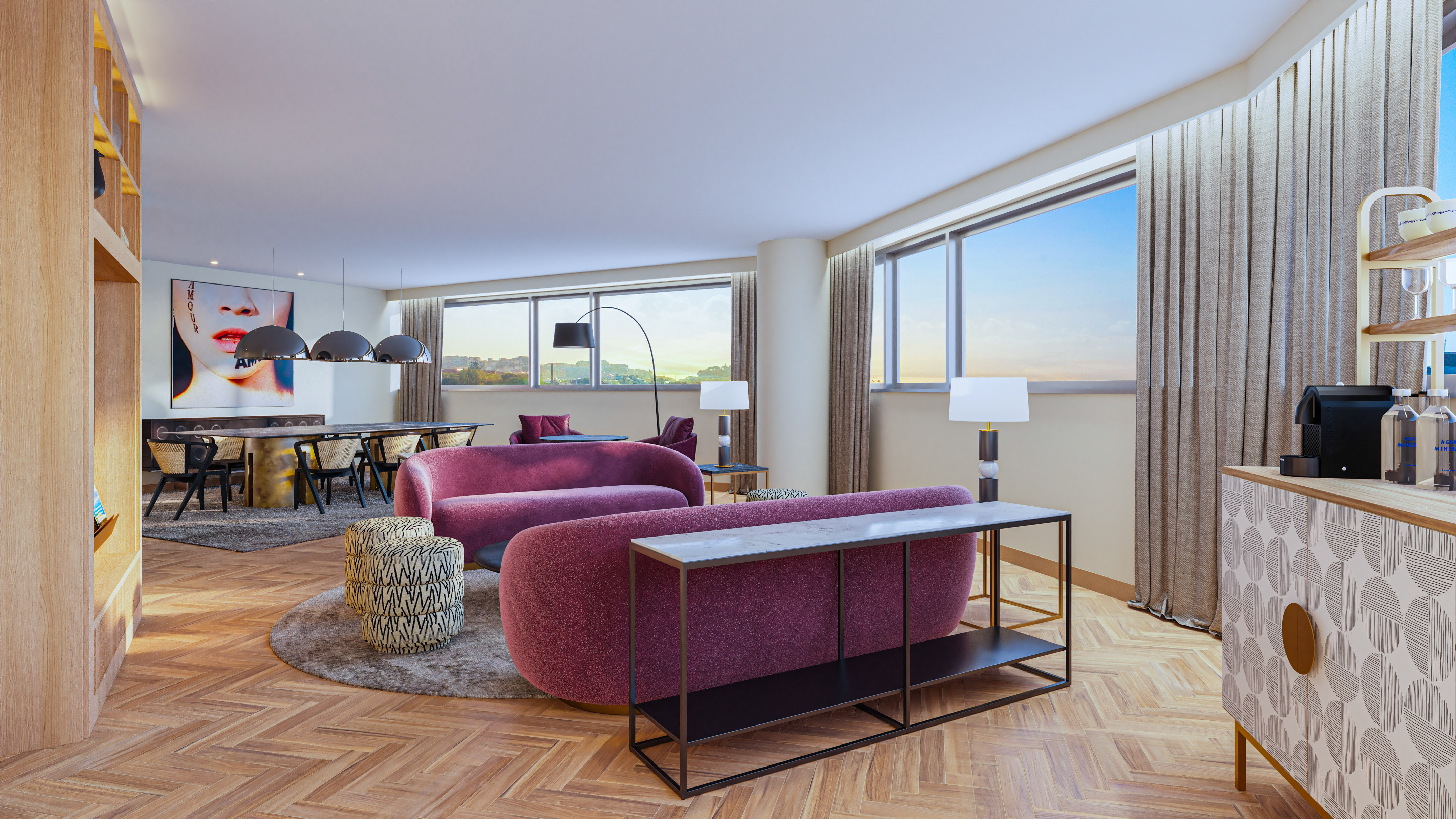 a living room with purple couches and a table