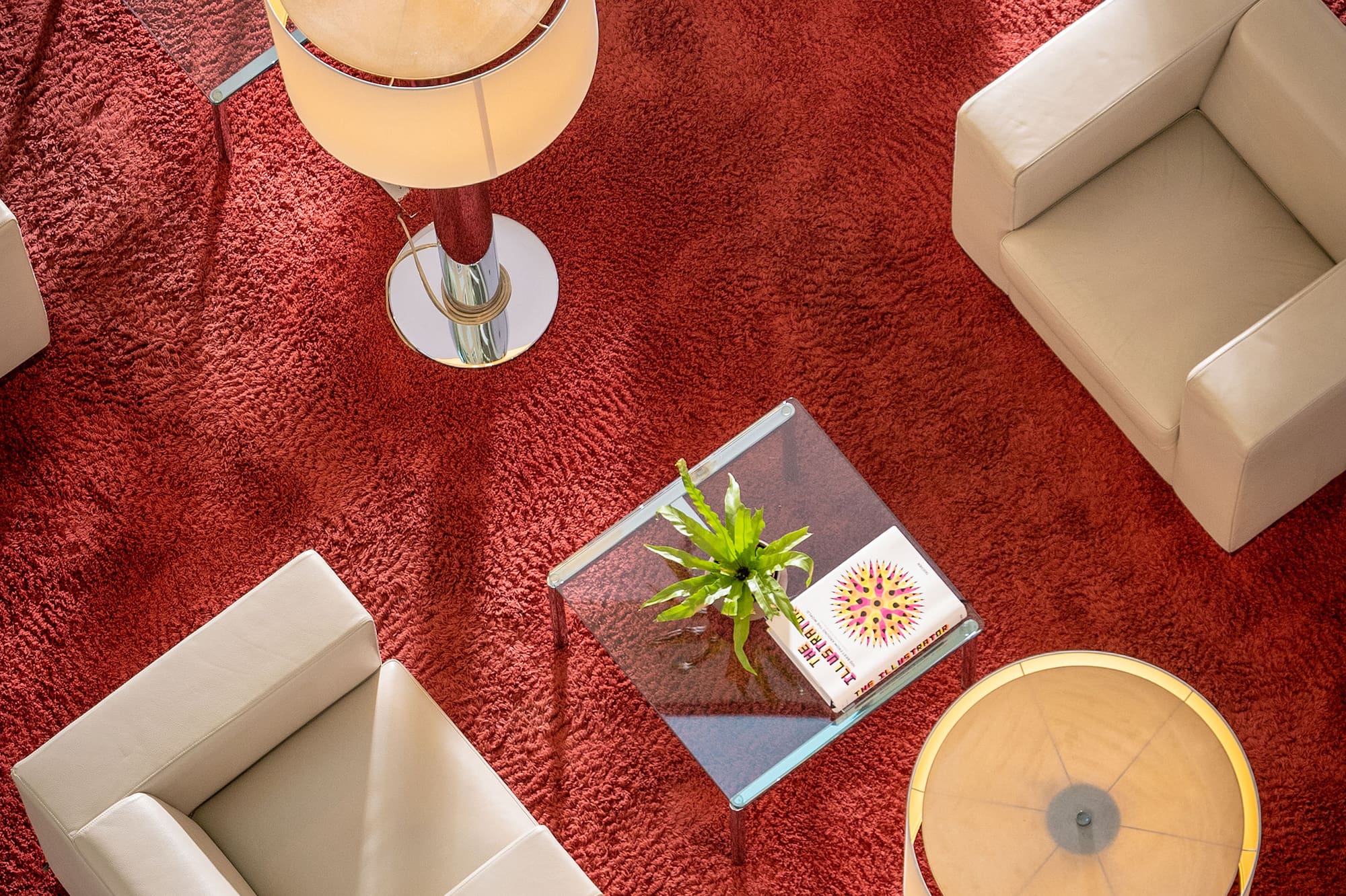 Modern lounge: Red shag rug, beige armchairs, glass coffee tables, ambient lamps.
