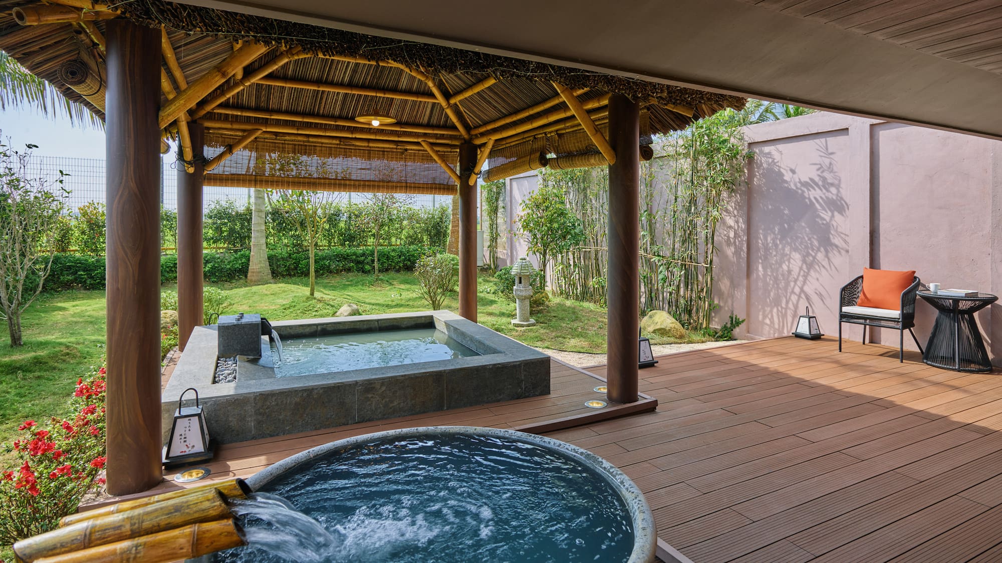 a hot tub and a wooden deck