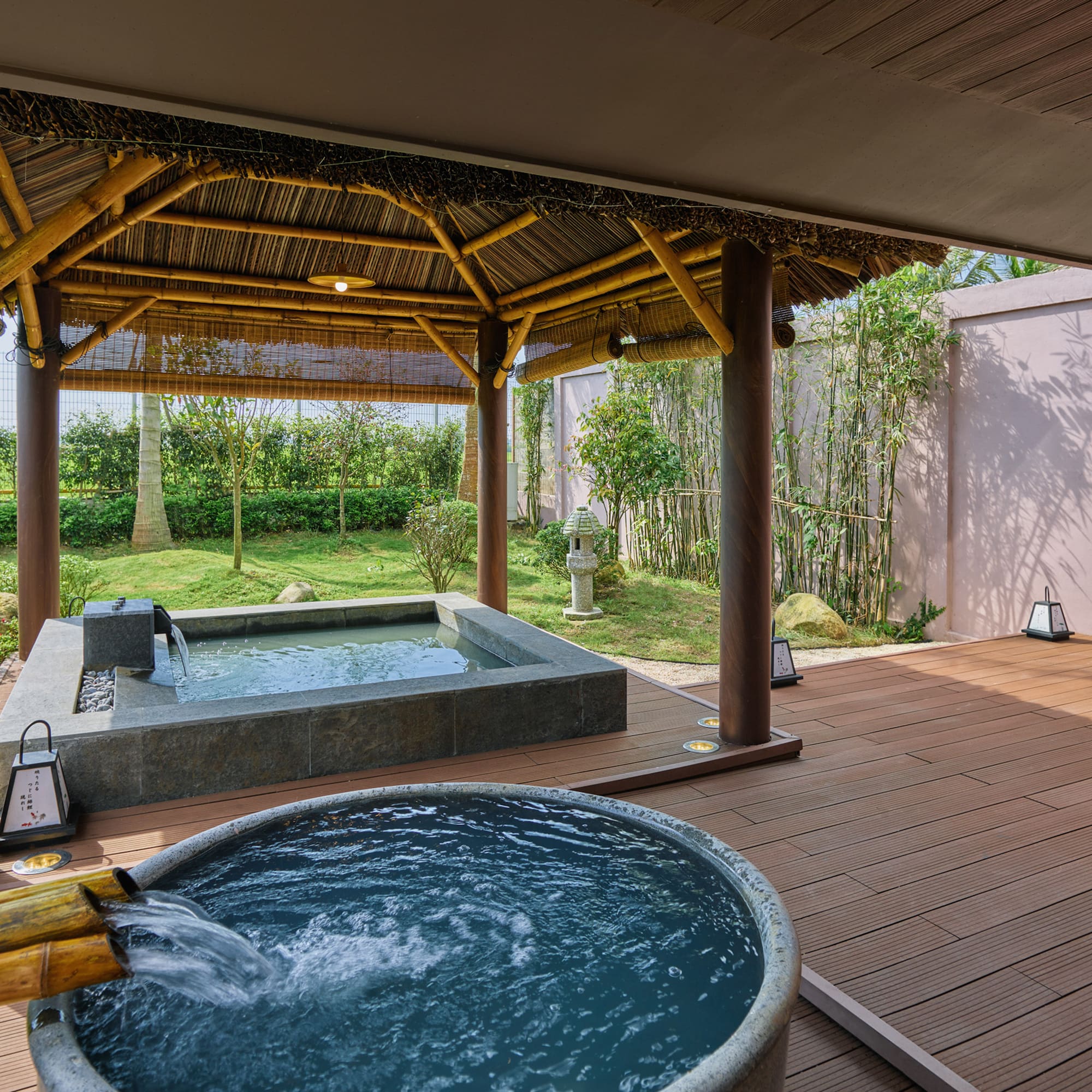 a hot tub and a wooden deck
