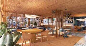 a room with tables and chairs