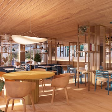 a room with tables and chairs