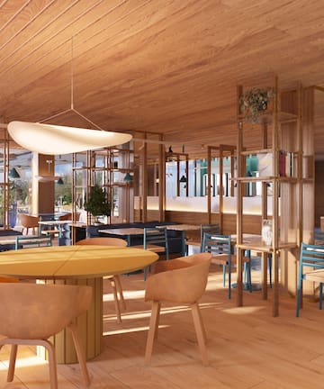 a room with tables and chairs