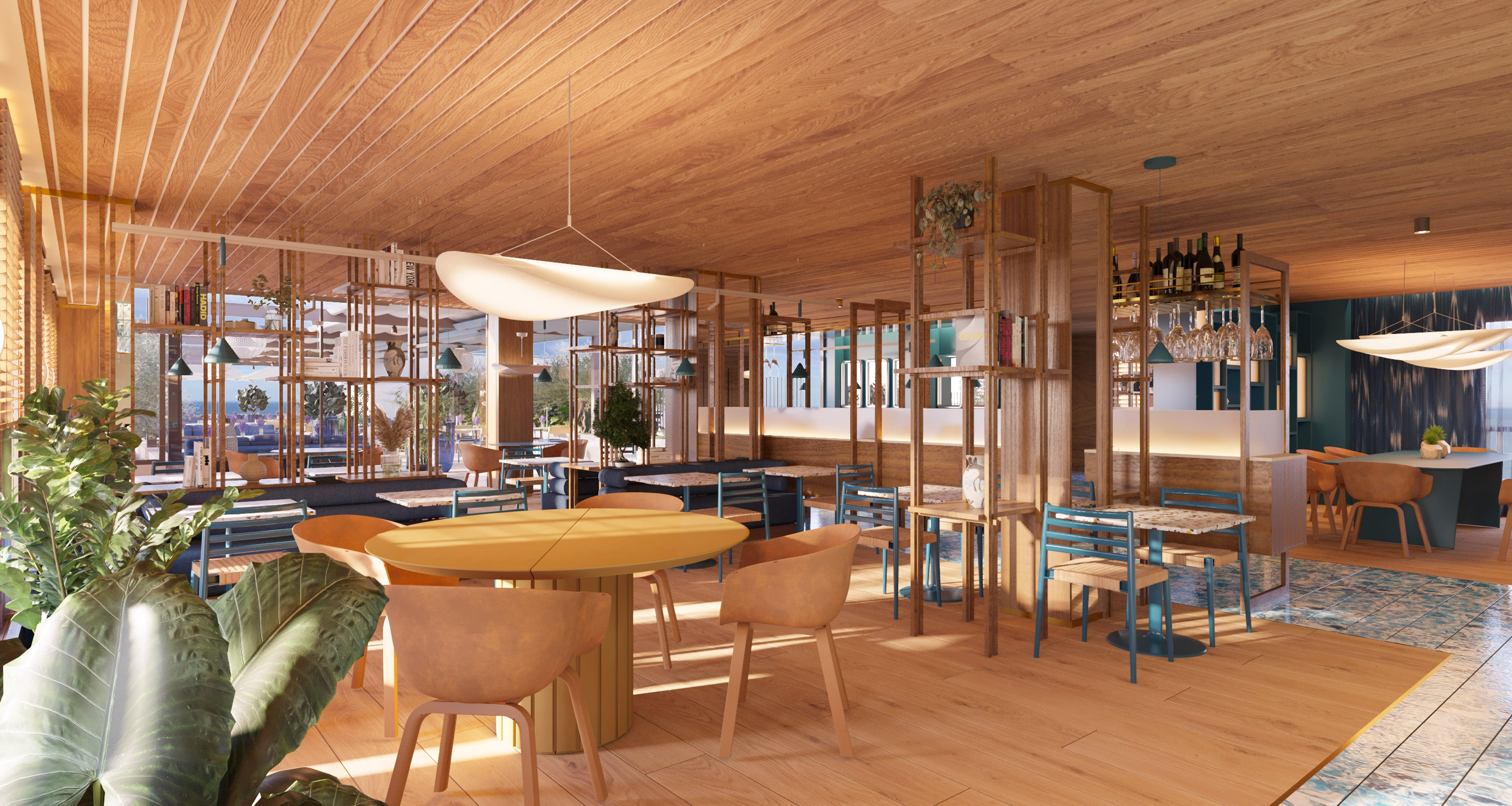 a room with tables and chairs