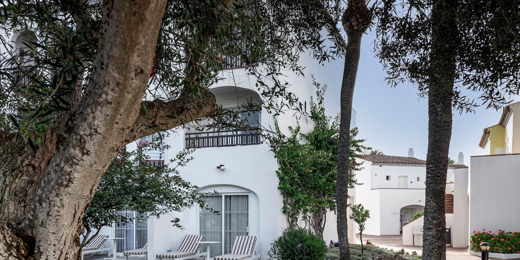 a lawn with trees and a building in the background