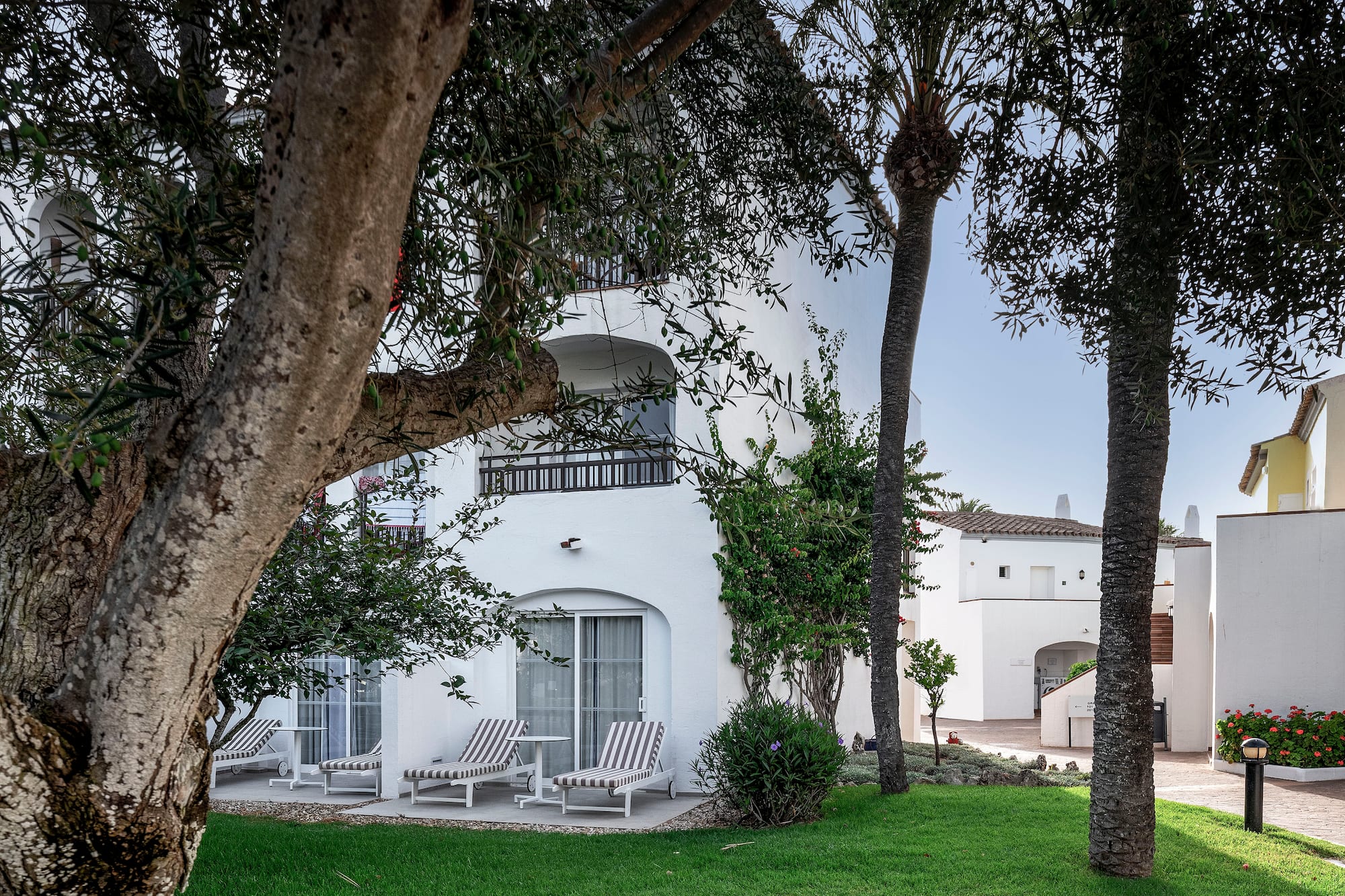 White resort building with green lawn, palm trees, and patio lounge chairs.