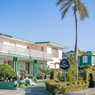 a building with a palm tree and a sign