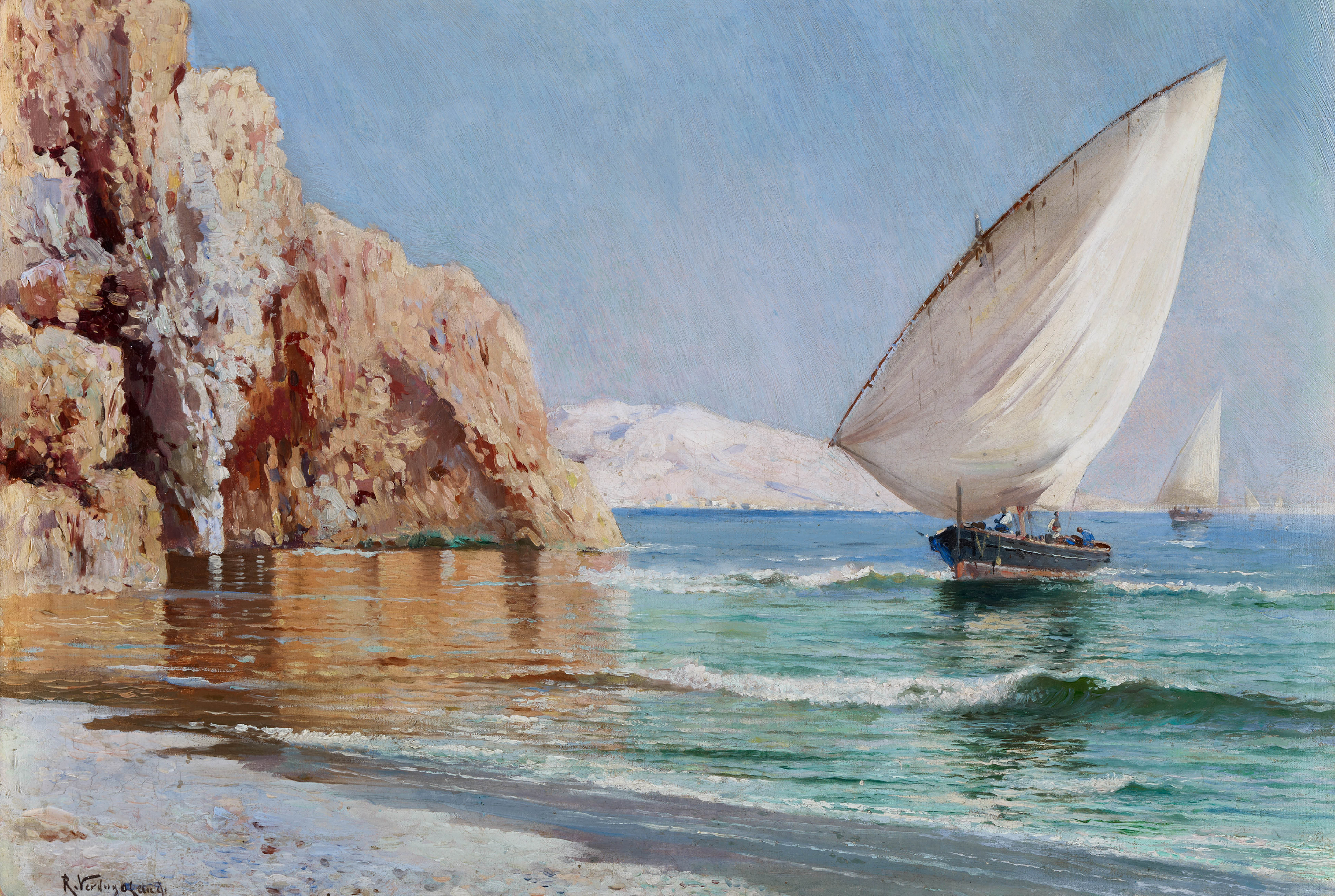 a painting of a sailboat in the water
