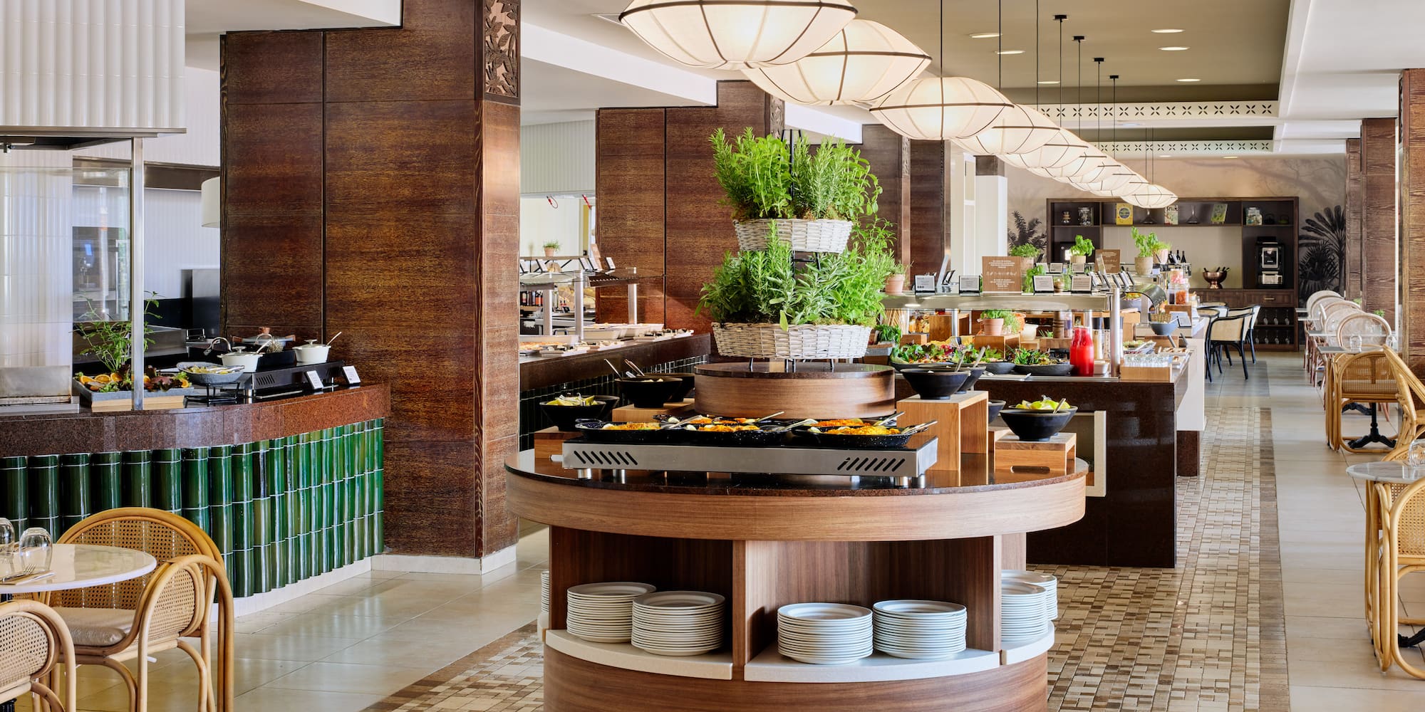 a buffet line with food on the counter