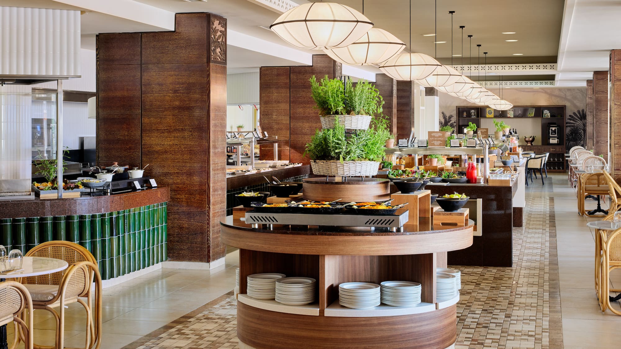 a buffet line with food on the counter
