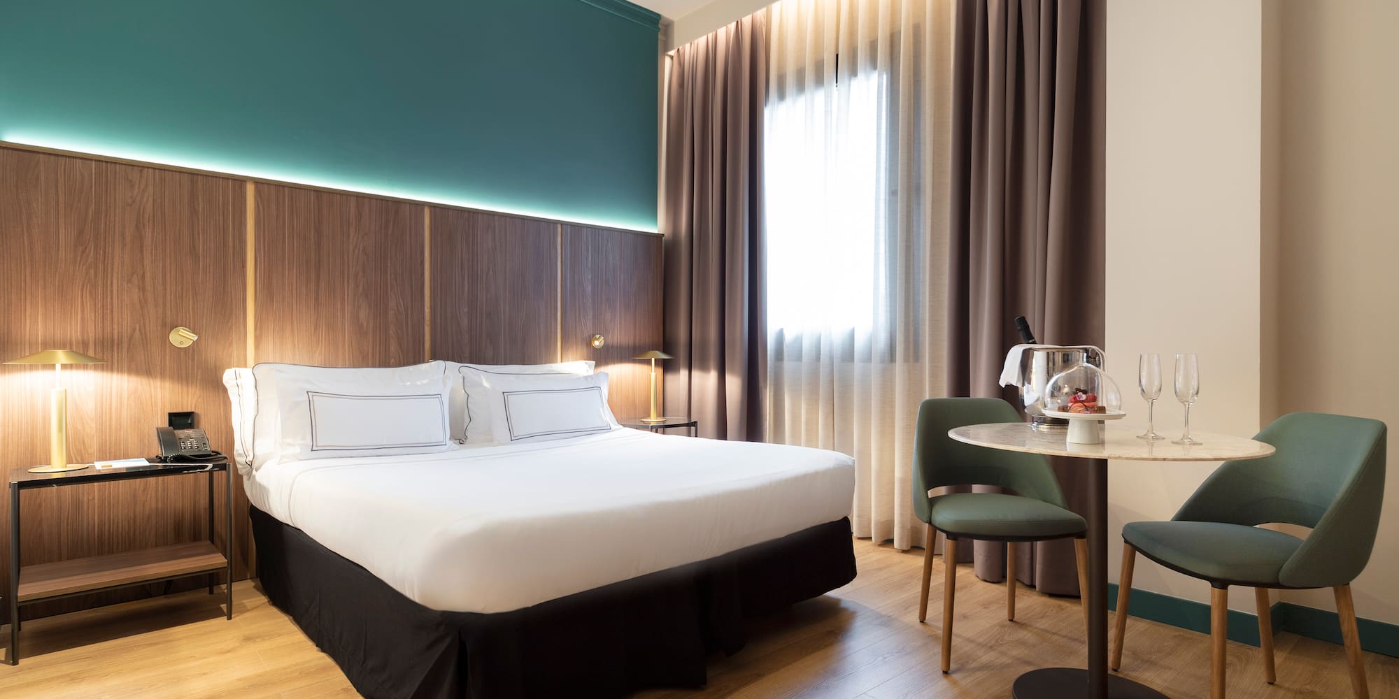 a room with a bed and a table